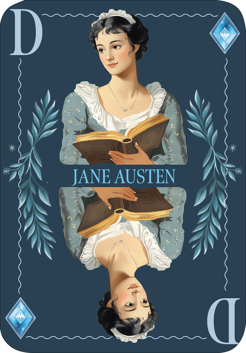 Gezeigt wird eine Innen- oder Zusatzansicht von „Spielkarten. Rommé, Bridge, Canasta und Co.“. Die Karte präsentiert eine Abbildung von Jane Austen in traditioneller Kleidung, die ein Buch hält. Der Hintergrund ist in einem tiefen Blau gehalten, während die Kante in hellerem Blau mit einem stilisierten Diamanten verziert ist. In der Mitte der Karte ist der Name „JANE AUSTEN“ in größerer, klarer Schrift platziert. Die gesamte Typografie ist elegant und gut lesbar.