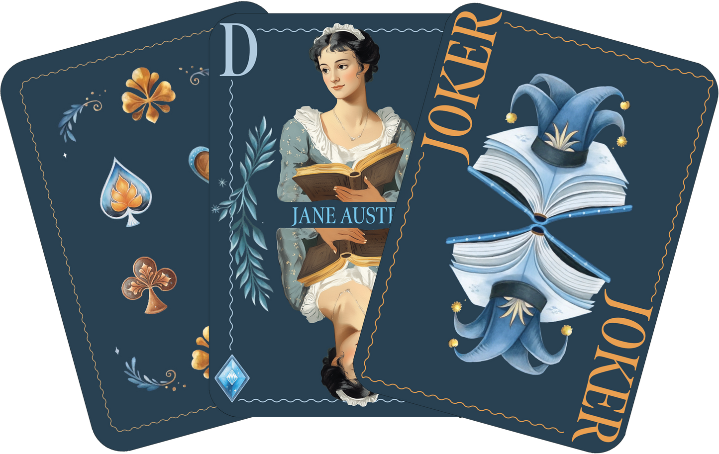 Gezeigt wird eine Innen- oder Zusatzansicht von „Spielkarten. Rommé, Bridge, Canasta und Co.“. Die Karten sind in einem tiefen Blau gehalten, wobei die Vorderseite ein dekoratives Design mit verschiedenen Symbolen zeigt, darunter Herzen und Karo. Eine Karte zeigt eine Illustration einer Frau mit einem Buch, die den Namen „JANE AUSTEN“ enthält. Die Joker-Karten sind mit dem Wort „JOKER“ in auffälliger, orangefarbener Schrift gestaltet. Die Typografie ist elegant und gut lesbar.
