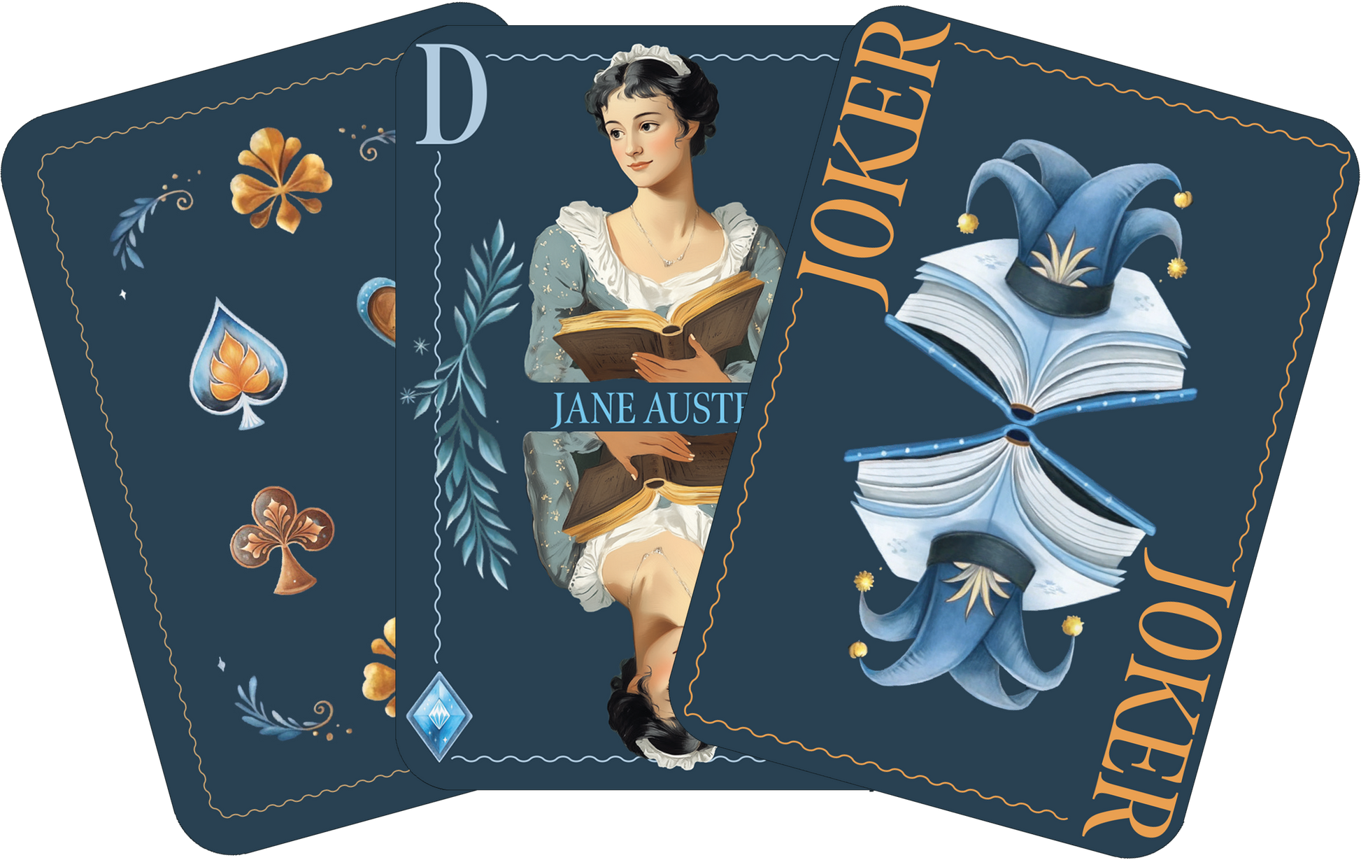 Gezeigt wird eine Innen- oder Zusatzansicht von „Spielkarten. Rommé, Bridge, Canasta und Co.“. Die Karten sind in einem tiefen Blau gehalten, wobei die Vorderseite ein dekoratives Design mit verschiedenen Symbolen zeigt, darunter Herzen und Karo. Eine Karte zeigt eine Illustration einer Frau mit einem Buch, die den Namen „JANE AUSTEN“ enthält. Die Joker-Karten sind mit dem Wort „JOKER“ in auffälliger, orangefarbener Schrift gestaltet. Die Typografie ist elegant und gut lesbar.