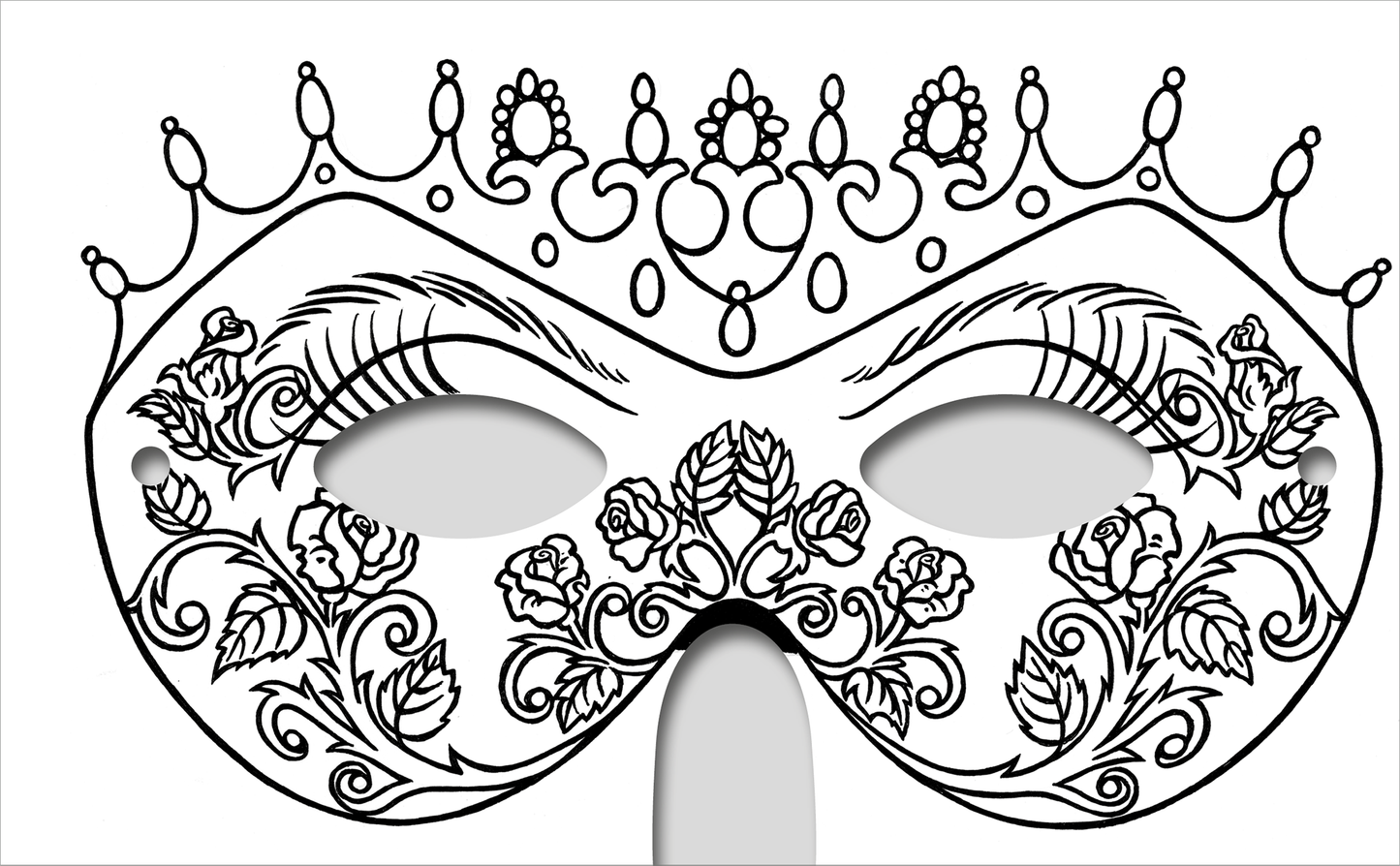 Gezeigt wird eine Innen- oder Zusatzansicht von „Diamantmasken – Glitzerspaß“. Die Abbildung zeigt eine detailreiche, schwarz-weiße Maske mit floralen Mustern und geschwungenen Linien. Oberhalb der Augenpartie befindet sich eine filigrane, krönchenähnliche Verzierung. Die Maske ist mit romantischen Rosenverzierungen geschmückt, die den verspielten Charakter betonen. Die Schrift ist klar und gut lesbar, ideal für kreative Gestaltungsmöglichkeiten.