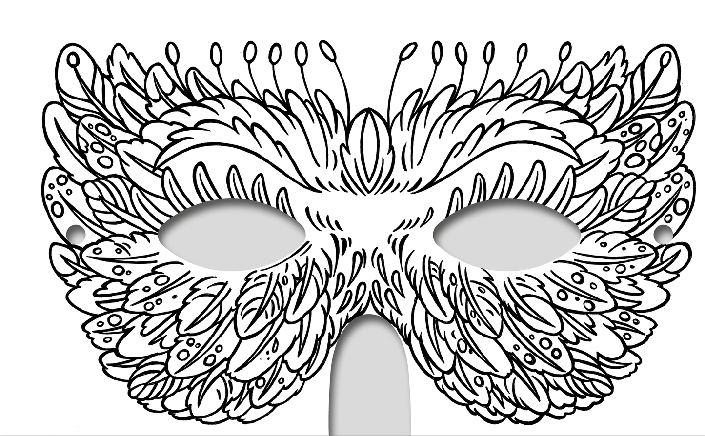 Gezeigt wird eine Innen- oder Zusatzansicht von „Diamantmasken – Glitzerspaß“. Die Abbildung zeigt eine opulente Maskenform mit filigranen, asymmetrischen Mustern aus geschwungenen Linien und Blütenformen. Die Maskenfläche ist überwiegend in Schwarz und Weiß gehalten, wobei die detaillierte Zeichnung zur Farbgestaltung einlädt. Die breiten Augenöffnungen sind hervorstechend, umgeben von verschnörkelten Elementen, die an glitzernde Diamanten erinnern.