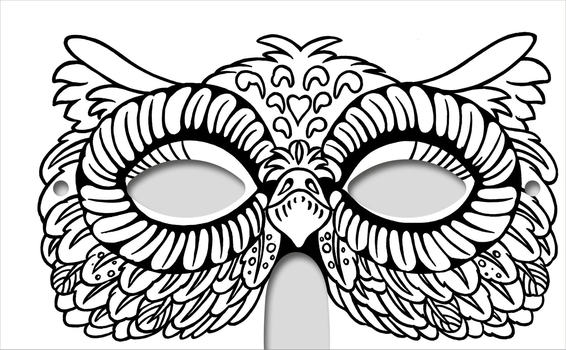 Gezeigt wird eine Innen- oder Zusatzansicht von „Diamantmasken – Tiere“. Die Maske ist in der Form eines stilisierten Eulenkopfes gestaltet, mit geschwungenen Linien und detailreichen Federmustern. Die durchsichtigen Augenöffnungen sind oval und betont durch schwarze Konturen. Die Farbgestaltung ist monochrom, vorwiegend in Schwarz und Weiß, was die feinen Details und die verspielte Typografie der Elemente hervorhebt.