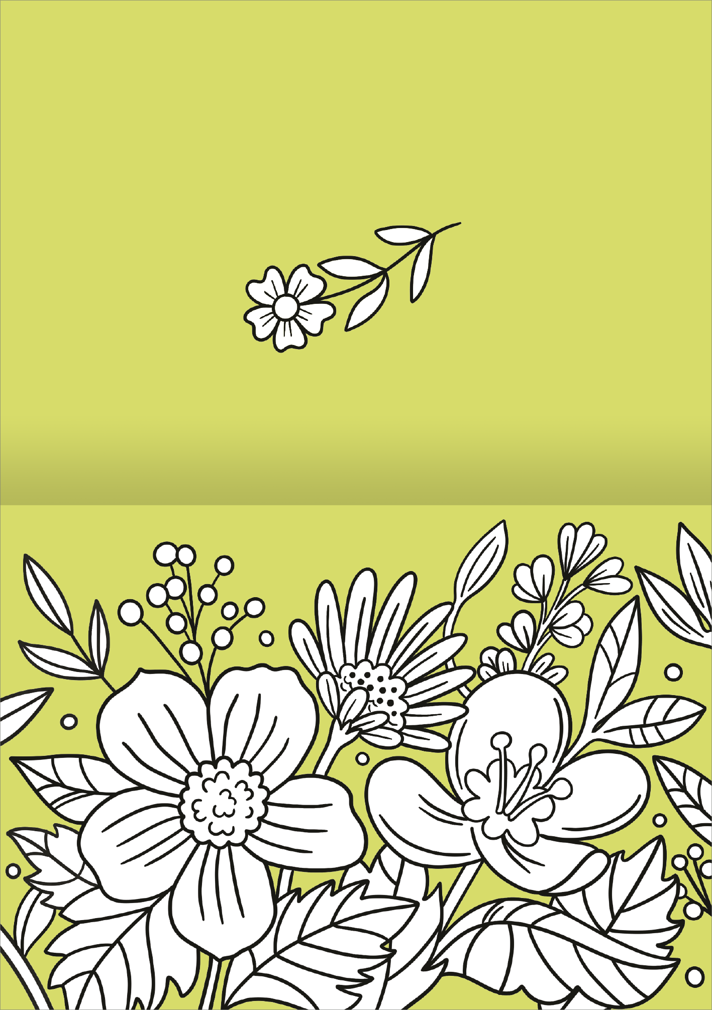 Gezeigt wird eine Innen- oder Zusatzansicht von „I Love to Bloom – Grußkarten“. Die Ansicht präsentiert einen lebhaften grünen Hintergrund, der mit kunstvoll gezeichneten floralen Motiven in Schwarz-Weiß harmoniert. Klare Linien und detaillierte Blumenillustrationen, wie große Blüten und zarte Blätter, schaffen eine fröhliche, einladende Atmosphäre. Die Typografie ist schlicht und lässt Raum für persönliche Botschaften.