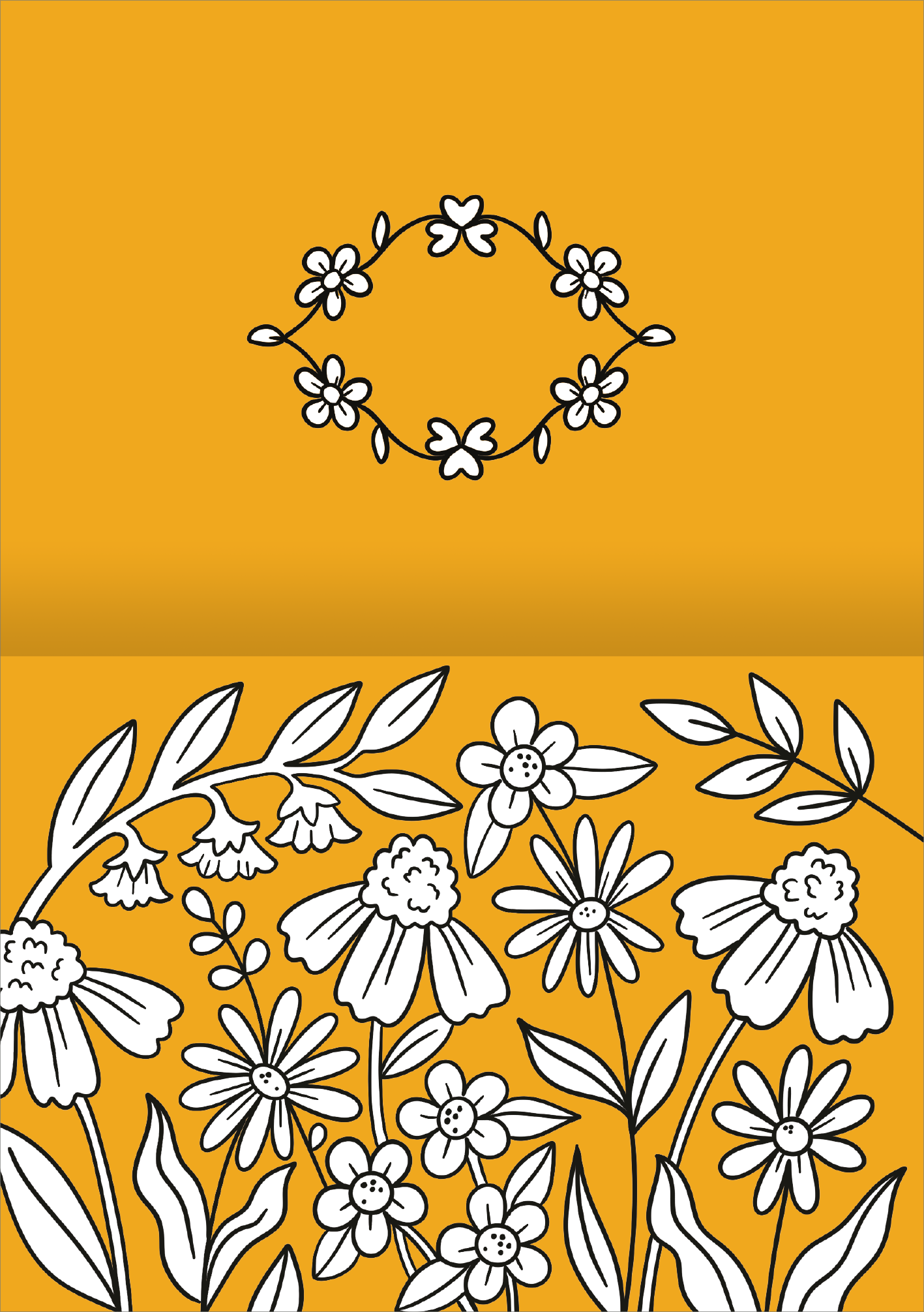 Gezeigt wird eine Innen- oder Zusatzansicht von „I Love to Bloom – Grußkarten“. Der Hintergrund ist in einem warmen, leuchtenden Gelbton gehalten. Oben befindet sich ein elegantes, schlichtes Floral-Motiv in Schwarz-Weiß, während der untere Teil mit einer üppigen Anordnung von Blumen in verschiedenen Formen und Größen ebenfalls in Schwarz-Weiß illustriert ist. Die klare, handgezeichnete Typografie unterstreicht das verspielte und frühlingshafte Design.