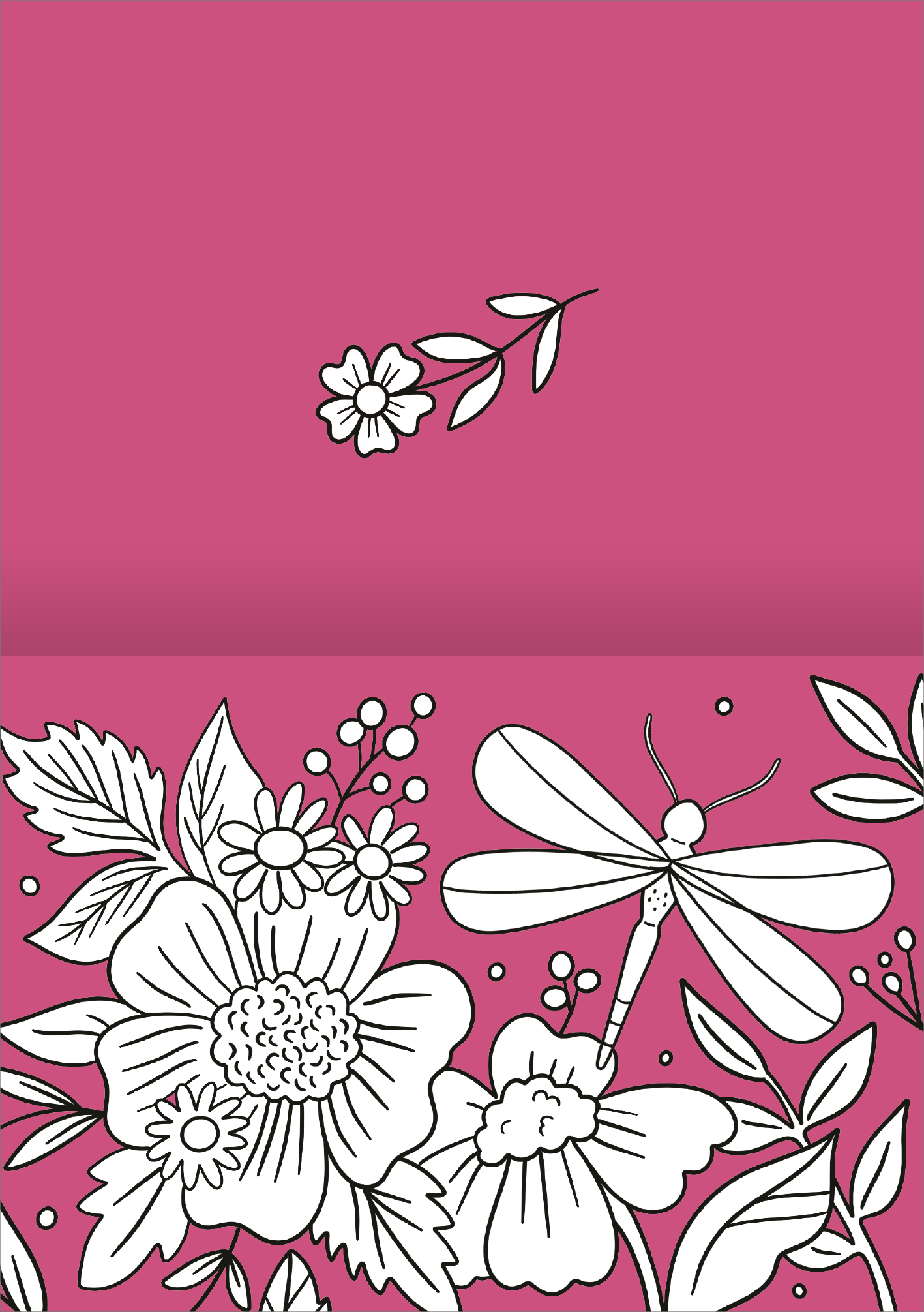 Gezeigt wird eine Innen- oder Zusatzansicht von „I Love to Bloom – Grußkarten“. Die Karte präsentiert sich auf einem lebhaften, pinken Hintergrund. Oben sind zarte, schwarze Blumenmotive und ein filigraner Zweig platziert, während das untere Drittel mit einer detailreichen, schwarz-weißen Illustration von verschiedenen Blumen und einem Libellenantrieb gefüllt ist. Die Schrift ist klar und gut lesbar, harmonisch integriert in das florale Design und unterstreicht die fröhliche,...