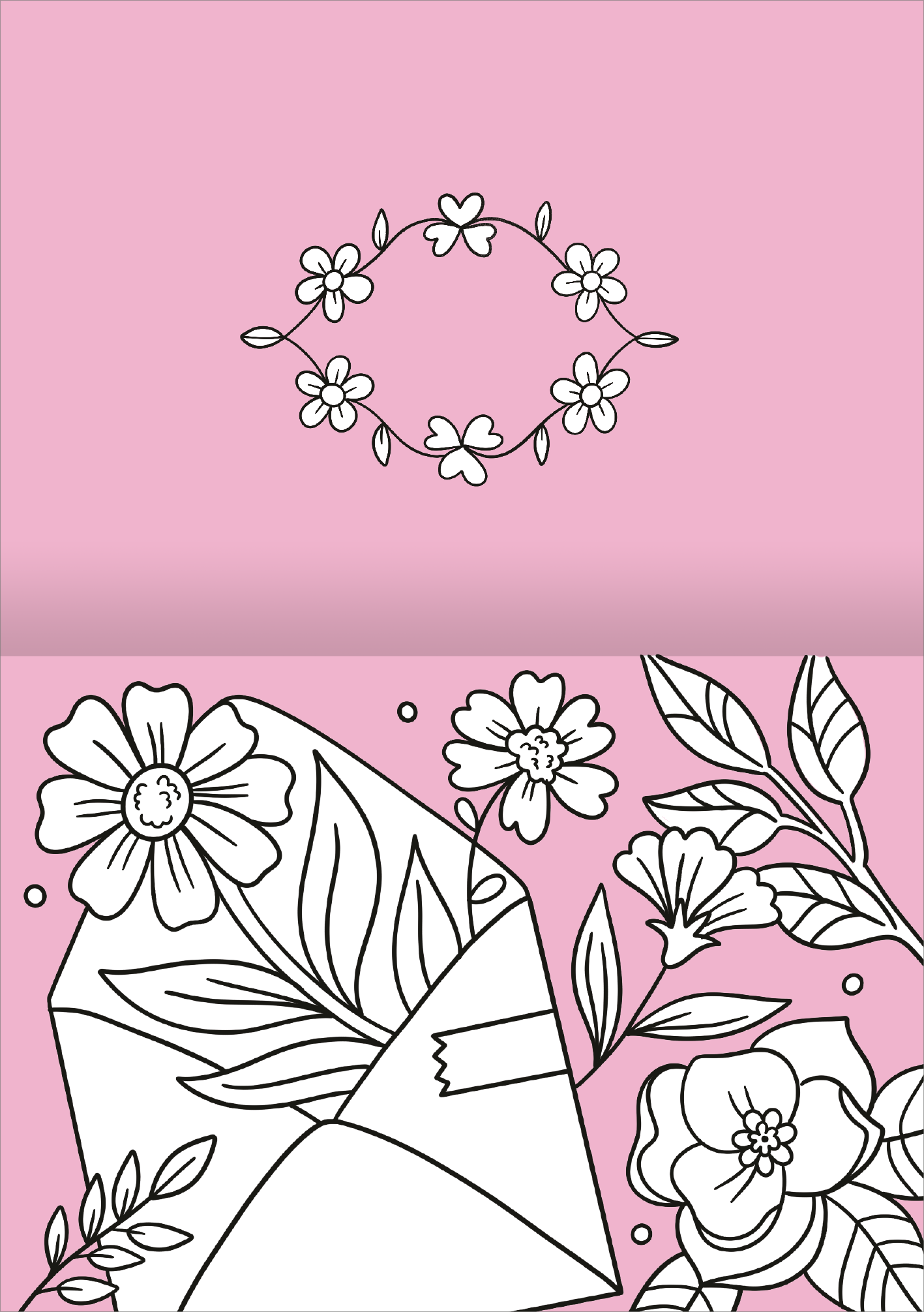 Gezeigt wird eine Innen- oder Zusatzansicht von „I Love to Bloom – Grußkarten“. Die Karte hat einen sanften, rosa Hintergrund, überzogen mit schwarz-weißen, handgezeichneten Blumenmotiven. In der oberen Hälfte der Karte ist ein zarter Blumenkranz platziert, während die untere Hälfte eine stilisierte, geöffnete Briefumschlagdarstellung mit weiteren floralen Elementen zeigt. Die Typografie ist verspielt und harmonisch in das Gesamtbild integriert.