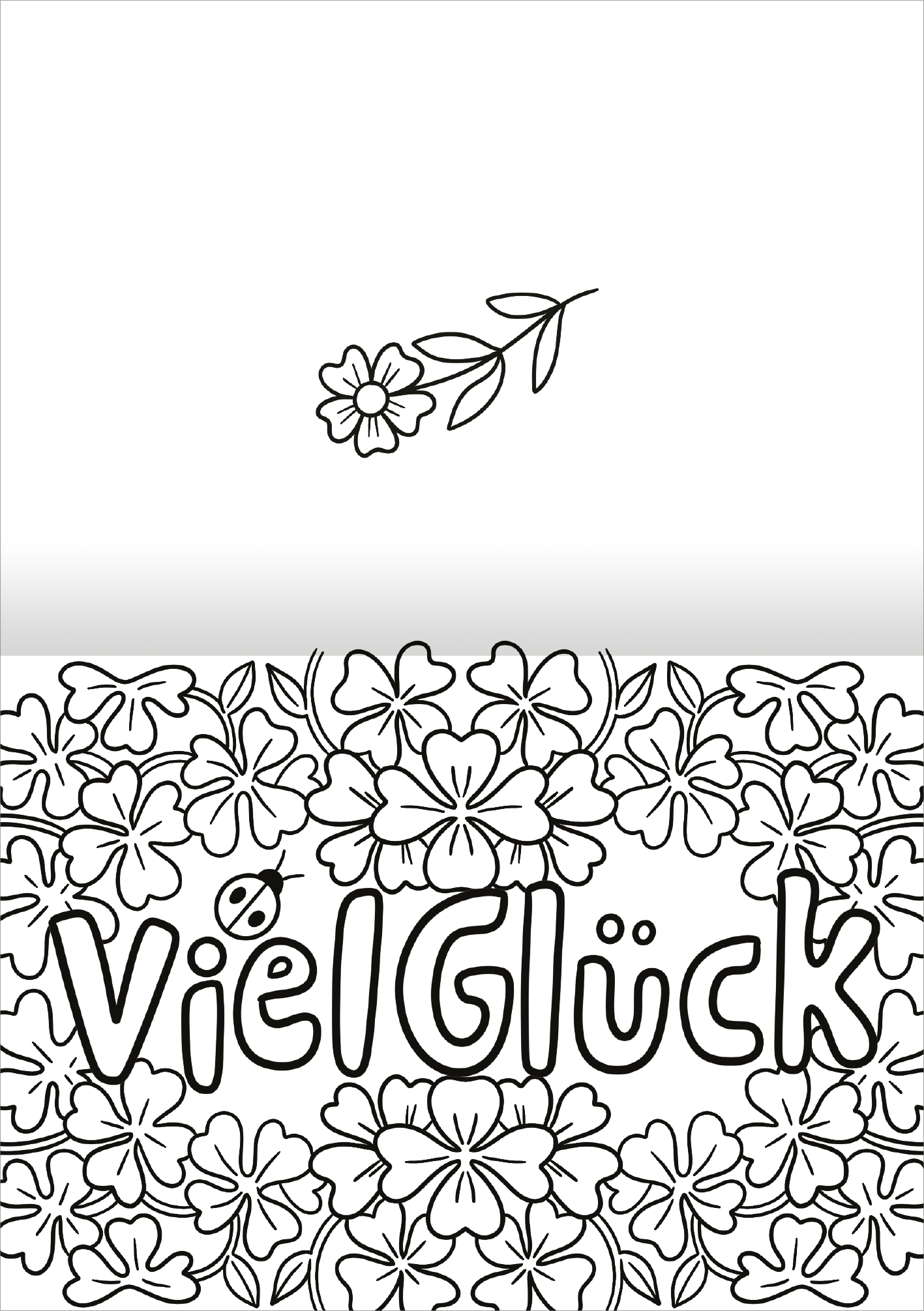 Gezeigt wird eine Innen- oder Zusatzansicht von „I Love to Bloom – Grußkarten“. Die Ansicht zeigt ein florales Muster, das von verschiedenen Blumen umrahmt wird. Im Zentrum steht der Schriftzug „Viel Glück“ in einer verspielten, handschriftlichen Typografie. Die Gestaltung ist in Schwarz-Weiß gehalten, was den Fokus auf die Details der Blumen und der Schrift lenkt. Ein zarter Blütenzweig im oberen Bereich ergänzt das harmonische Design.