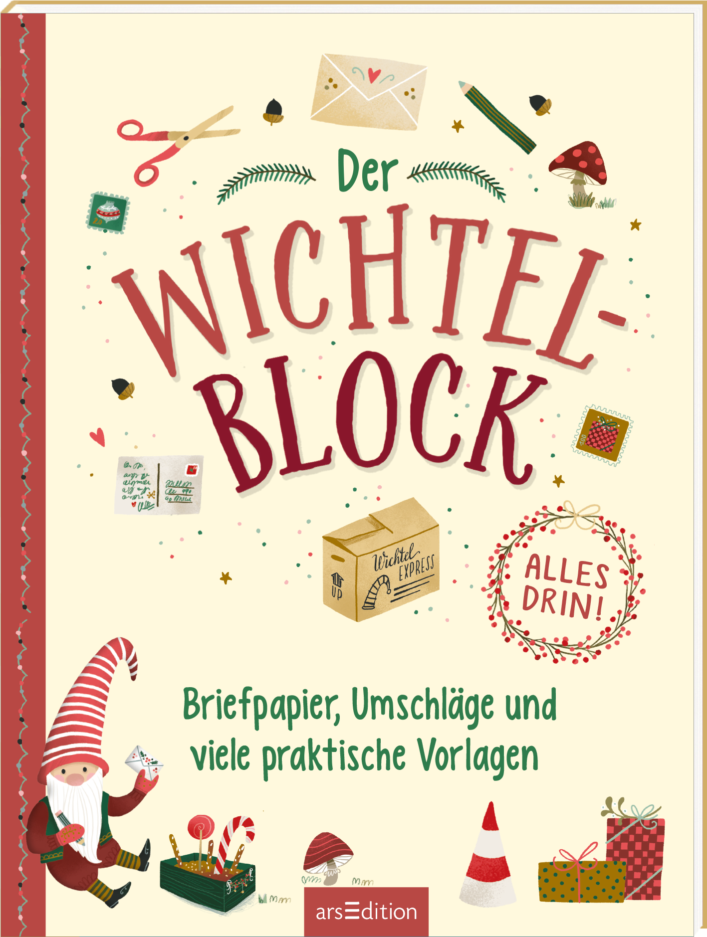 Zu sehen ist die 3D-Ansicht des Titels. Auf dem Cover des Buches „Der Wichtel-Block“ ist eine verspielte, weihnachtliche Komposition in sanften Farben zu sehen. Die große Schrift „Wichtel-Block“ dominert in rot, während „Alles drin!“ in einer fröhlichen Schriftart darunter steht. Umrahmt wird das Cover von verschiedenen weihnachtlichen Motiven wie Scheren, Briefumschlägen und einem niedlichen Wichtel, der Geschenke präsentiert. Ganz unten mittig steht der Logoschriftzug von...