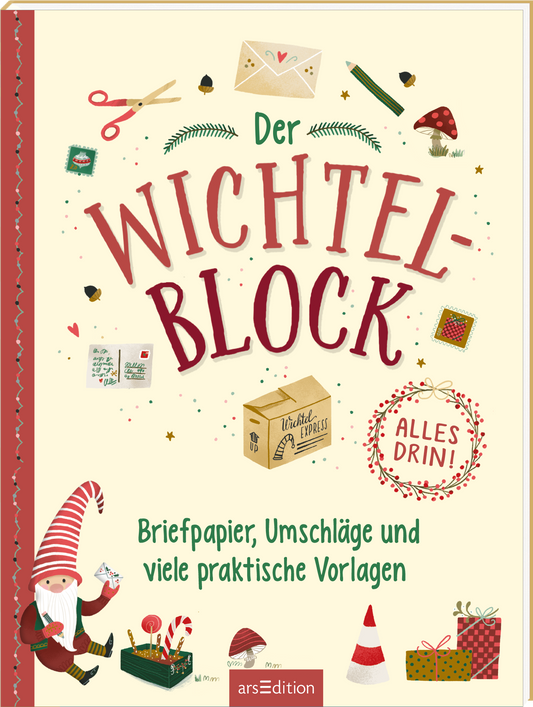 Zu sehen ist die 3D-Ansicht des Titels. Auf dem Cover des Buches „Der Wichtel-Block“ ist eine verspielte, weihnachtliche Komposition in sanften Farben zu sehen. Die große Schrift „Wichtel-Block“ dominert in rot, während „Alles drin!“ in einer fröhlichen Schriftart darunter steht. Umrahmt wird das Cover von verschiedenen weihnachtlichen Motiven wie Scheren, Briefumschlägen und einem niedlichen Wichtel, der Geschenke präsentiert. Ganz unten mittig steht der Logoschriftzug von...