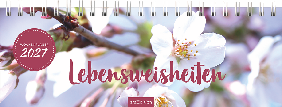 Gezeigt wird eine Innen- oder Zusatzansicht von „Tischkalender Lebensweisheiten 2027“. Der Kalender besitzt einen hellen Hintergrund mit sanften Pastellfarben und verleiht eine freundliche Atmosphäre. Der Titel „Lebensweisheiten“ ist in einer eleganten, geschwungenen Schriftart in dunklem Rosa hervorgehoben. In der oberen linken Ecke steht „Wochenplaner 2027“ in einem runden, pinken Siegel. Zudem sind zarte Blütenzweige abgebildet, die dem Design einen frischen, natürlichen...