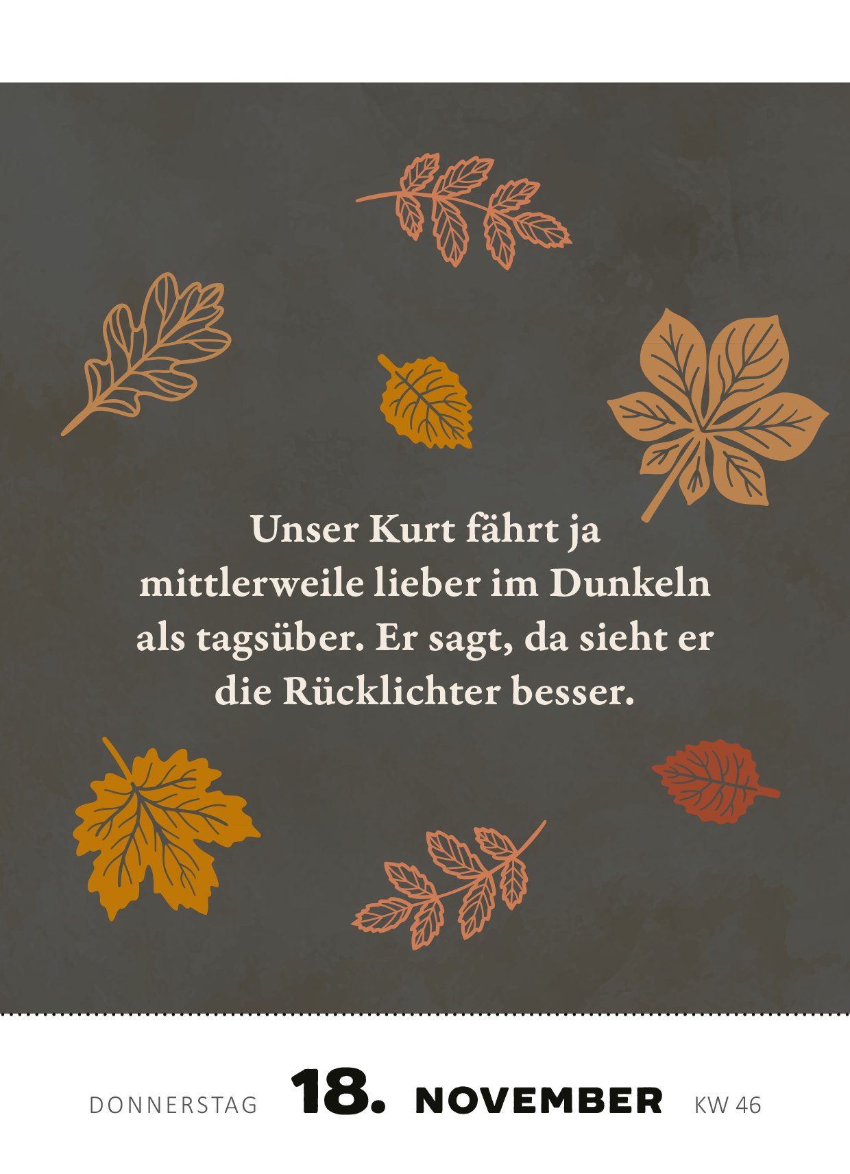 Gezeigt wird eine Innen- oder Zusatzansicht von „Abreißkalender Renate Bergmann - Der Kalender 2027“. Der Hintergrund ist in einem dunklen Grauton gehalten, während herbstliche Blätter in warmen Farben wie Orange und Gelb darauf verteilt sind. In der Mitte steht der Text in einer gut lesbaren, modernen Schriftart in Weiß, der am Donnerstag, dem 18. November, den humorvollen Kommentar über Kurt enthält. Die klare Typografie und Farbkontraste sorgen für eine ansprechende Lesbarkeit.