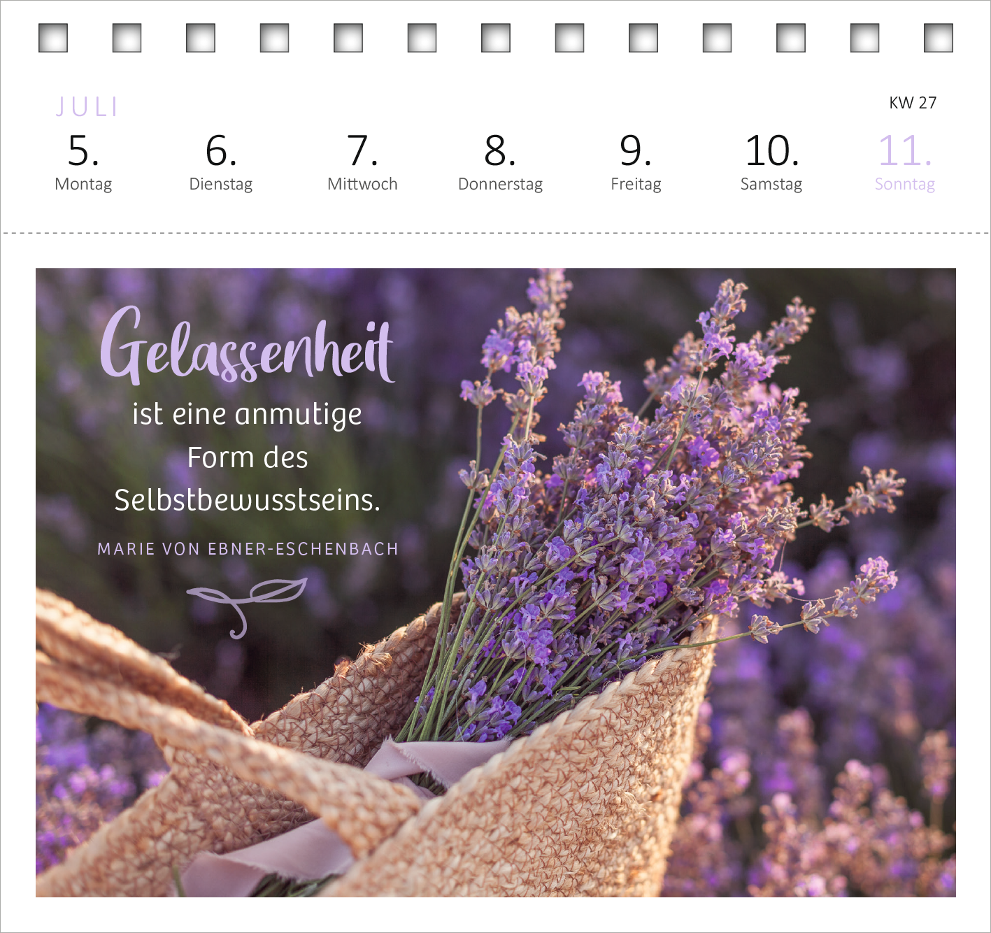 Gezeigt wird eine Innen- oder Zusatzansicht von „Postkartenkalender 365 Tage Gelassenheit 2027“. Auf der Seite sind die Tage vom 5. bis 11. Juli aufgeführt, mit den Wochentagen in klarer, schwarzer Schrift. Im Hintergrund ist ein sanfter lila Farbverlauf zu sehen, der eine harmonische Atmosphäre schafft. Ein großer, geschwungener Text in lila hebt das Wort „Gelassenheit“ hervor, gefolgt von einem Zitat in neutraler, eleganter Schrift. Lavendelsträuße in einem geflochtenen Korb...