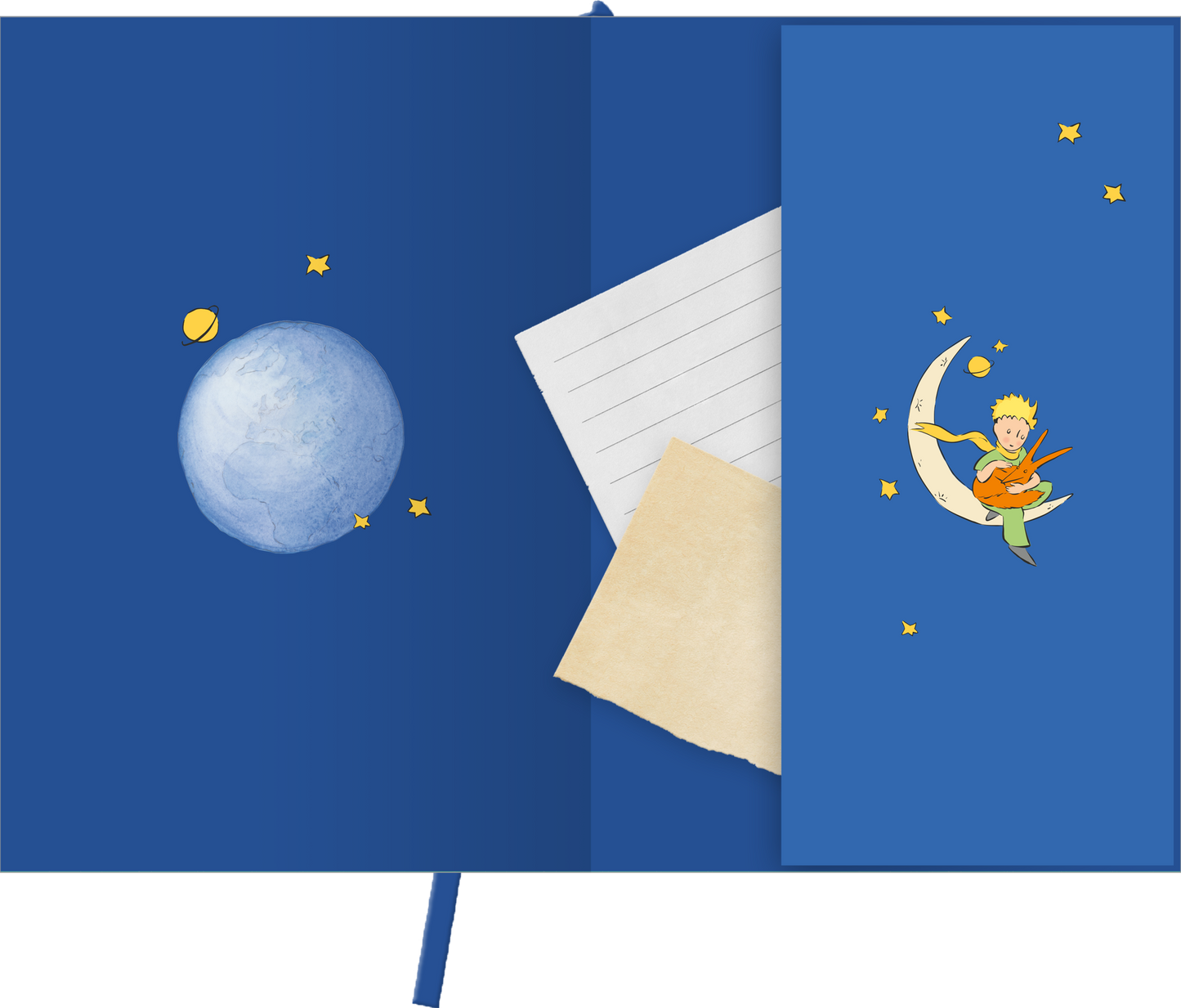 Gezeigt wird eine Innen- oder Zusatzansicht von „Buchkalender Man sieht nur mit dem Herzen gut 2027“. Die Seite ist in einem tiefen Blau gehalten und zeigt ansprechende Illustrationen, darunter einen Planeten und den kleinen Prinzen, der auf einem Mond sitzt. Links ist eine angeheftete, liniierte Notizseite und ein gelbes, unbeschriebenes Papier zu sehen. Die Schriftart ist harmonisch und gut lesbar, ergänzt durch die sanften Farben der Illustrationen, die eine träumerische Atmosphäre...