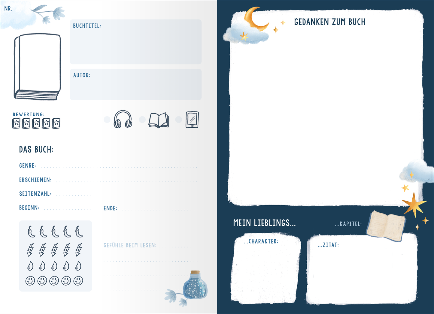 Innenseite aus dem Buch „Books are my Happy Place“. Die linke Seite enthält Platz für Buchtitel, Autor, Bewertung in Symbolen sowie Genre, Erscheinensjahr, Seitenzahl, Beginn und Ende des Buches. Die rechte Seite ist in dunklem Blau gehalten und bietet Raum für persönliche Gedanken zum Buch sowie Lieblingskapitel, Charakter und Zitat. Verspielt gestaltete Wolken, Sterne und eine Mondillustration ergänzen das Design. Die Schrift ist klar und einladend, mit verschiedenen Schriftgrößen...