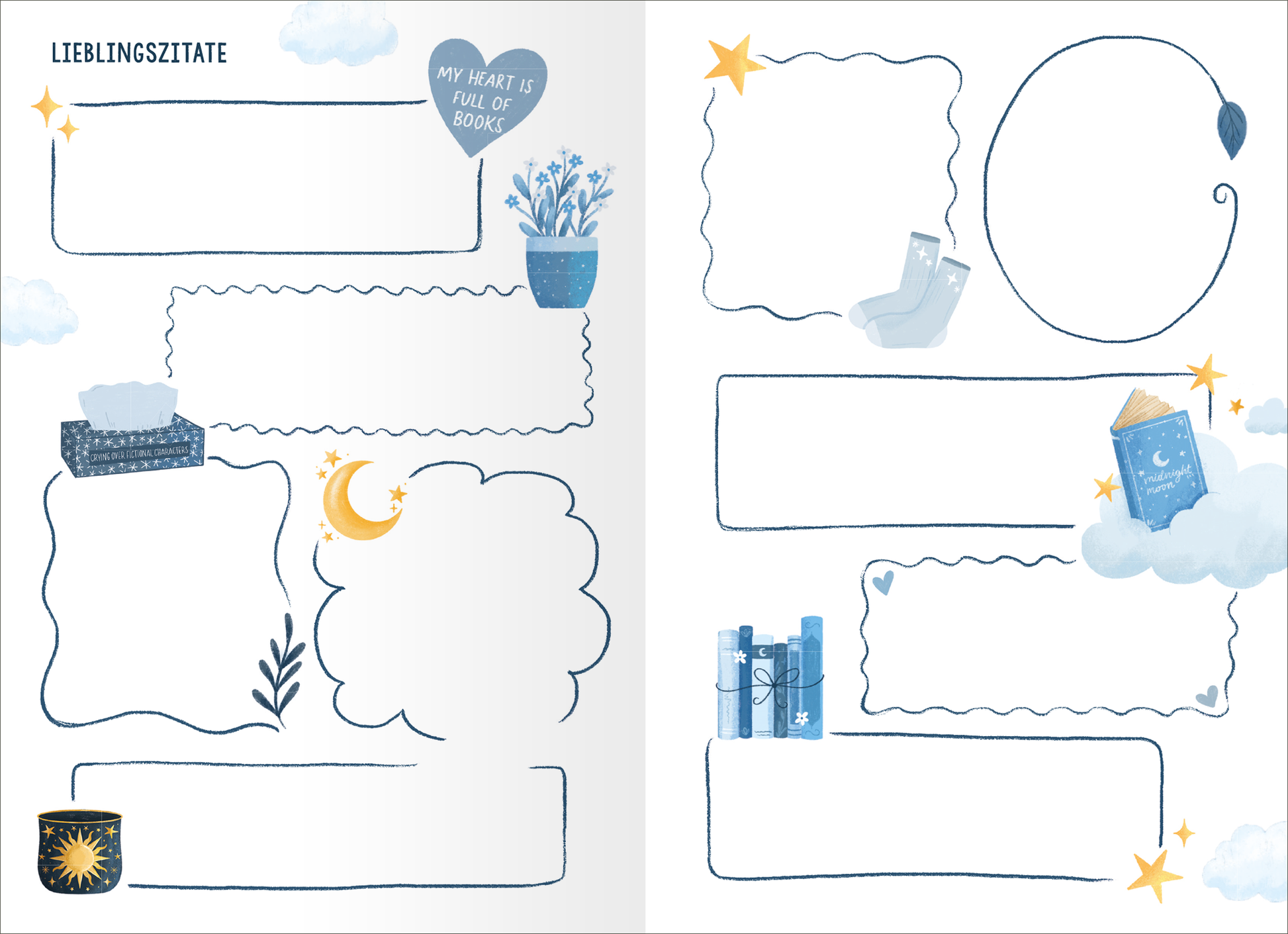 Innenseite des Buches „Books are my Happy Place“ mit dem Titel „LIEBLINGSZITATE“ am oberen Rand. Die Seite ist in sanften Blau- und Weißtönen gestaltet. Auf der linken Seite befinden sich dekorative, ovale Zellen in unterschiedlichen Größen, umgeben von verschnörkelten Linien. Ein Herz mit dem Text „MY HEART IS FULL OF BOOKS“ und eine Blumentopf-Illustration sind ebenfalls zu sehen. Die rechte Seite zeigt zusätzlich verschiedene Wolken, Sterne und einige Bücher, die kreativ...