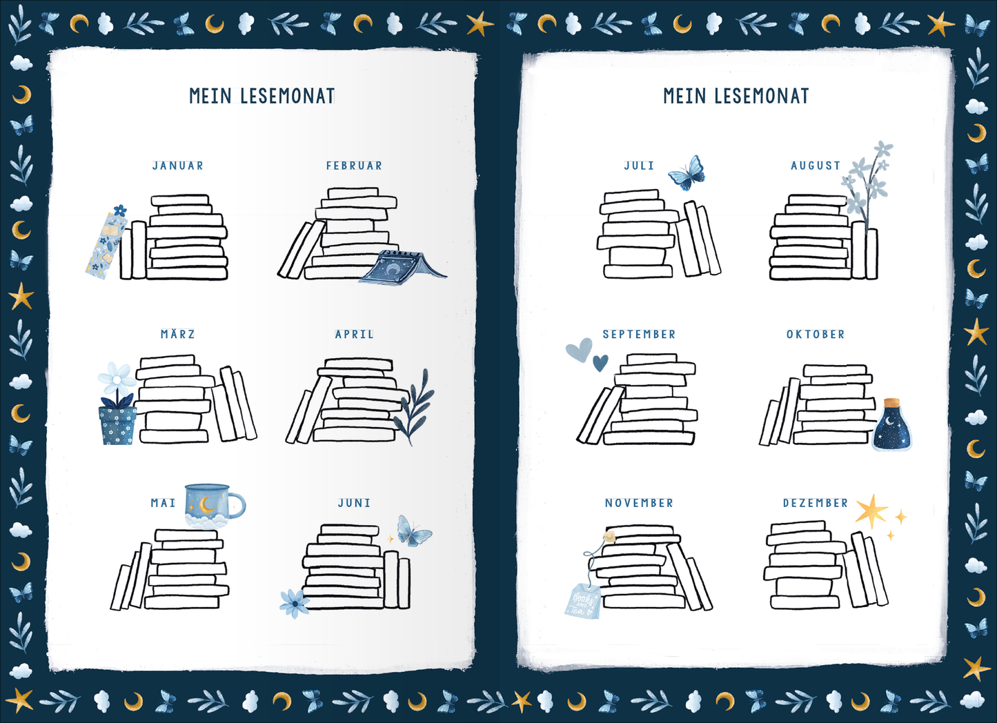 Gezeigt wird eine Innen- oder Zusatzansicht von „Books are my Happy Place“. Die Seite zeigt eine Übersicht mit zwölf Kästen, die jeweils einen Monat des Lesejahres darstellen. Jeder Kasten enthält stilisierte Buchstapel, ergänzt durch kleine, illustrierte Elemente wie Blumen, Tassen und Schmetterlinge. Die Farbgestaltung ist überwiegend in sanften Blau- und Grüntönen gehalten, während die Schrift in klarer, verspielter Typografie gestaltet ist. Am Rand befinden sich dekorative...