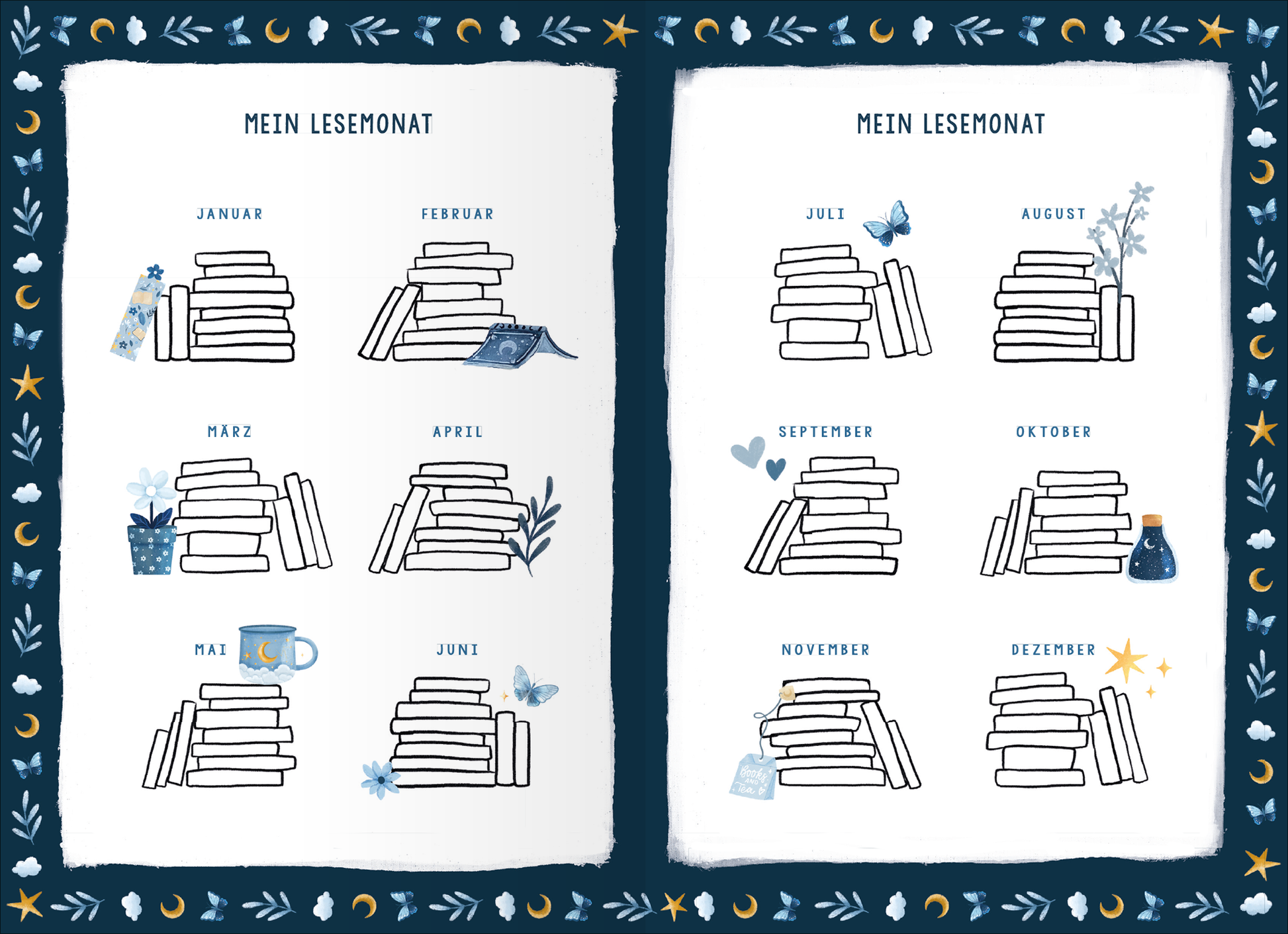 Gezeigt wird eine Innen- oder Zusatzansicht von „Books are my Happy Place“. Die Seite zeigt eine Übersicht mit zwölf Kästen, die jeweils einen Monat des Lesejahres darstellen. Jeder Kasten enthält stilisierte Buchstapel, ergänzt durch kleine, illustrierte Elemente wie Blumen, Tassen und Schmetterlinge. Die Farbgestaltung ist überwiegend in sanften Blau- und Grüntönen gehalten, während die Schrift in klarer, verspielter Typografie gestaltet ist. Am Rand befinden sich dekorative...