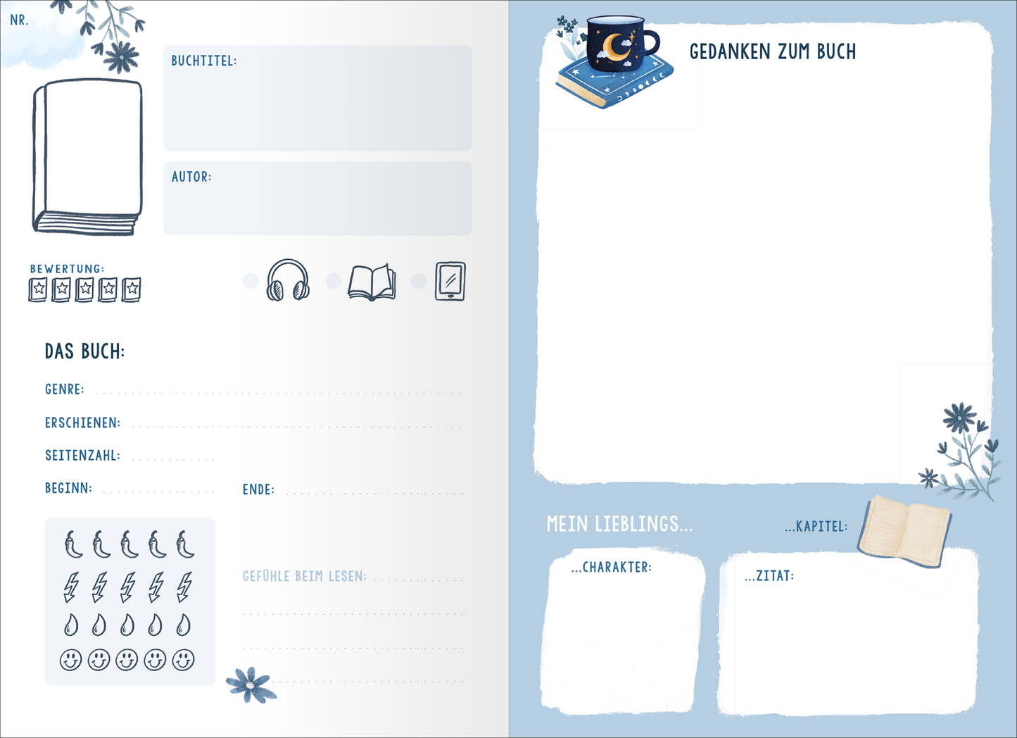 Gezeigt wird eine Innenansicht von „Books are my Happy Place“. Die Seite ist in sanften Blau- und Cremetönen gehalten und präsentiert eine klare, gut lesbare Typografie. Links befindet sich ein Bereich zum Eintragen von Buchinformationen, bewertet mit symbolischen Icons. Rechts gibt es Platz für persönliche Gedanken, umrahmt von floralen Illustrationen und einem stilisierten Teetassen-Motiv. Die Layout-Elemente sind harmonisch angeordnet, was ein einladendes und übersichtliches Design...