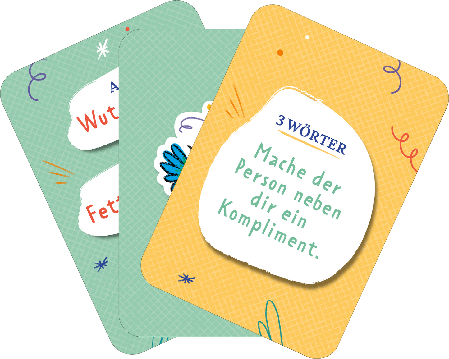 Gezeigt wird eine Innen- oder Zusatzansicht von „Der Plappergei“. Die Abbildung zeigt drei Karten in verschiedenen Farben: eine grüne, eine gelbe und eine weiße Karte. Auf der gelben Karte steht in blauer, verspielter Schrift „3 WÖRTER“ und darunter eine Aufforderung in grüner Schrift: „Mache der Person neben dir ein Kompliment.“ Die grüne Karte enthält Begriffe wie „Wut“ und „Fetisch“ in weißer Schrift, verziert mit bunten Illustrationen und einem grafischen Muster.