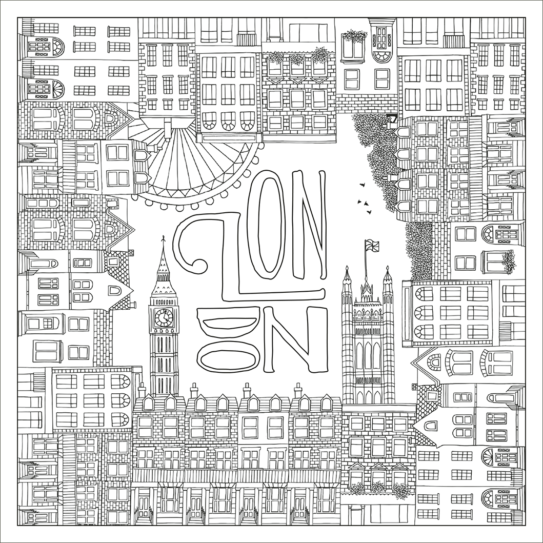 Gezeigt wird eine Innen- oder Zusatzansicht von „Tea Time & Big Ben“. Die Zeichnung präsentiert eine stilisierte Ansicht von London, umrahmt von detaillierten Gebäuden und ikonischen Elementen wie dem Big Ben. Die Farben sind in den zahlreichen verschiedenen Schattierungen von Schwarz, Weiß und Grau gehalten, was der Komposition ein elegantes und zeitloses Aussehen verleiht. DieTypography fokussiert sich auf den zentralen Schriftzug „LON DON“ in verspielten, geschwungenen...