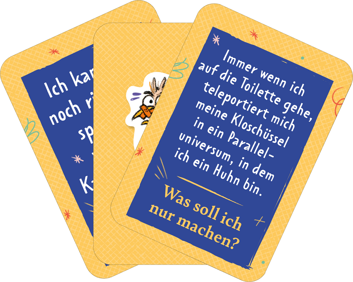 Gezeigt wird eine Innenansicht von „Der Problemu“. Die Karten haben einen gelben Hintergrund mit bunten, verspielten Elementen. Auf einer Karte steht in blauer Schrift der Text „Immer wenn ich auf die Toilette gehe, teleportiert mich meine Kloschüssel in ein Paralleluniversum, in dem ich ein Huhn bin.“ Ein Huhn-Illustration ist abgebildet. Eine weitere Karte trägt den Text „Ich kann noch nicht sprechen“. Die Typografie ist modern und gut lesbar, die Farben sind freundlich und...