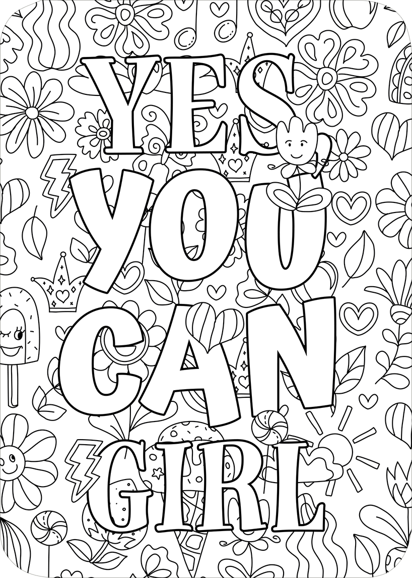 Gezeigt wird eine Innen- oder Zusatzansicht von „Paint your Power“. Die Ansicht zeigt eine inspirierende, schwarz-weiße Illustration mit dem Schriftzug „YES YOU CAN GIRL“ in großen, auffälligen Buchstaben. Umgeben ist der Text von verschiedenen fröhlichen Motiven wie Blumen, Herzen, Eis am Stiel und Blitzen, die alle gemustert und im doodleartigen Stil gestaltet sind. Die insgesamt verspielte Typografie und die vielen Details fördern die Kreativität und positive Einstellung.