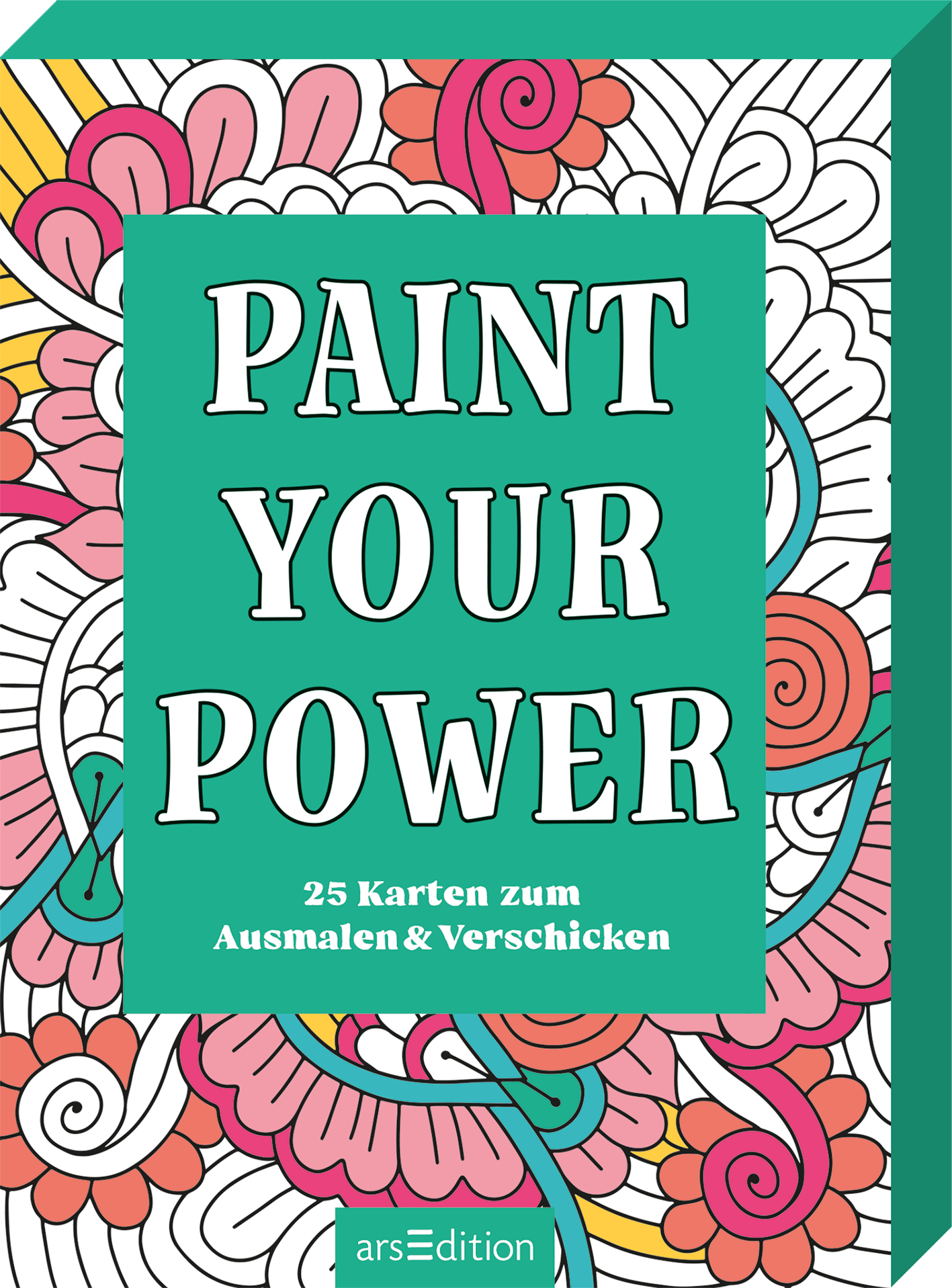 Das Buchcover zeigt ein hellgrünes Hauptfeld mit dem Titel „PAINT YOUR POWER“ in großen, weißen Buchstaben, die freundlich und auffällig gestaltet sind. Unterhalb des Titels steht in kleinerer, schwarzer Schrift der Untertitel „25 Karten zum Ausmalen & Verschicken“. Umrahmt wird der grüne Hintergrund von bunten, filigranen Mustern in Rosa, Orange und Weiß, die eine kreative und verspielte Atmosphäre schaffen. Ganz unten mittig steht der Logoschriftzug von arsEdition.