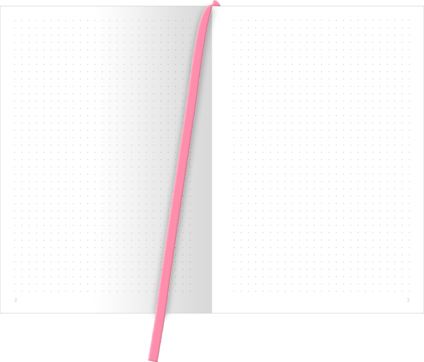 Gezeigt wird eine Innen- oder Zusatzansicht von „myNOTES Papeterie: Notizbuch A5 Mut“. Die doppelte Seite ist in einem klaren, weißen Design gehalten und enthält ein punktiertes Raster, das kreatives Schreiben und Zeichnen unterstützt. Ein kräftig pinkfarbener Leseband verläuft entlang der linken Seite und fügt einen Farbkontrast hinzu. Die Typografie ist schlicht und modern, was die Funktionalität und Benutzerfreundlichkeit des Notizbuchs unterstreicht.