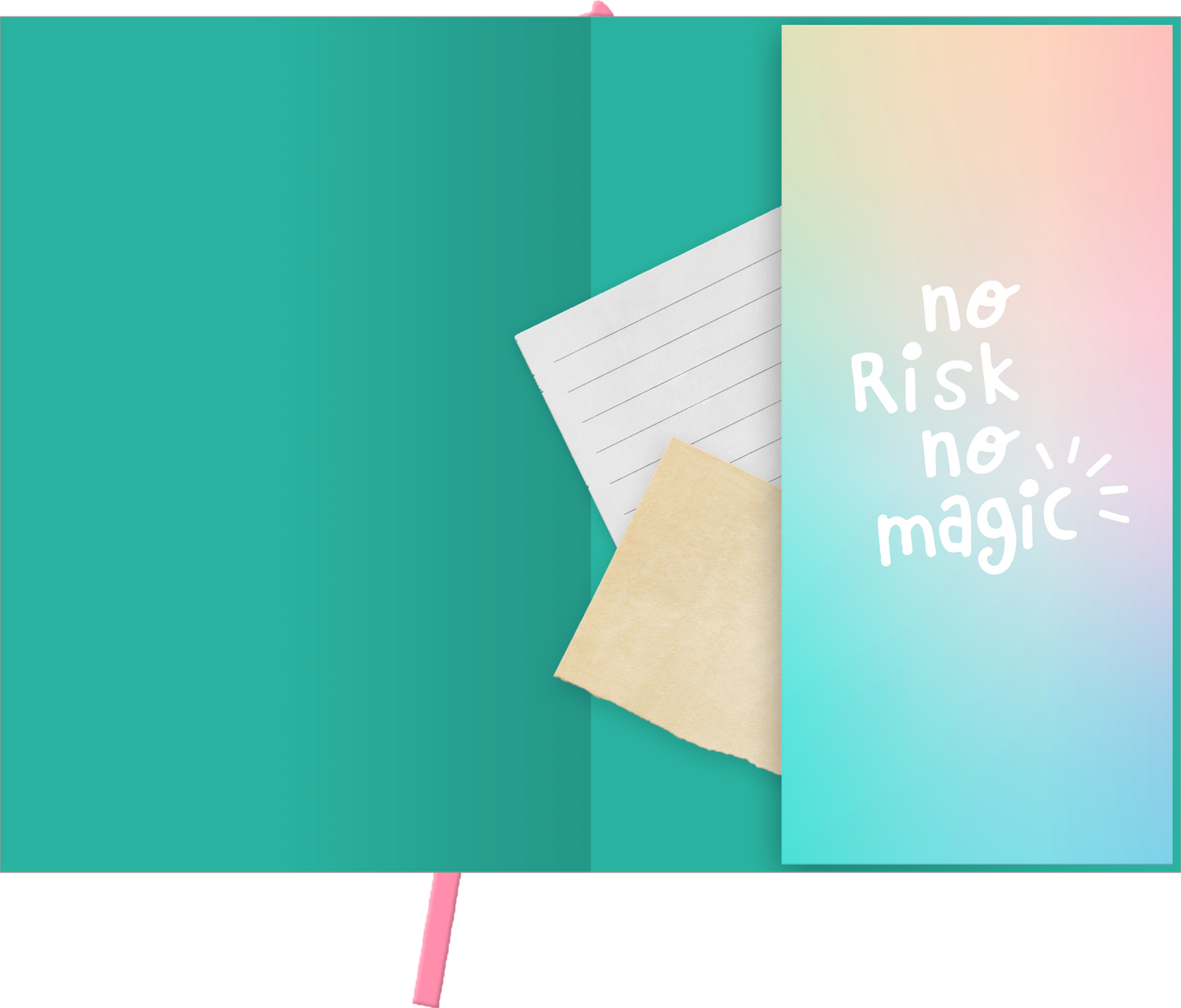 Gezeigt wird eine Innen- oder Zusatzansicht von „myNOTES Papeterie: Notizbuch A5 Mut“. Die Ansicht präsentiert einen sanften Farbverlauf in Aqua- und Pastelltönen, während die Innenseite in einem kräftigen Türkis gehalten ist. Auf der rechten Seite befindet sich ein Blatt mit der Aufschrift „no Risk no magic“ in verspielter, weißer Schriftart. Ergänzend sind blätterbare liniierte Seiten und ein Stück braunes Papier sichtbar, das für Notizen genutzt werden kann. Ein pinkes...