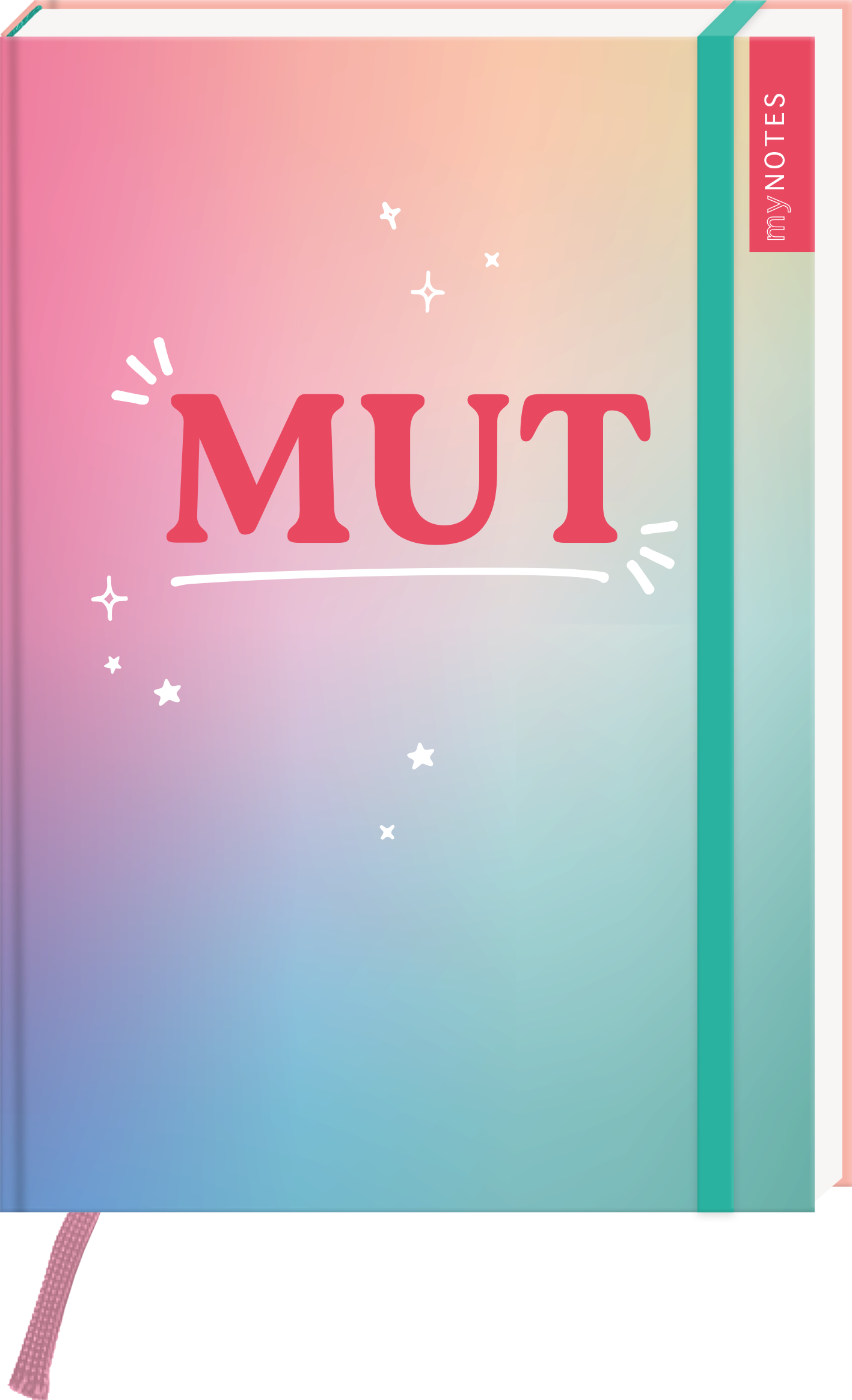 Das Buchcover zeigt eine sanfte Farbverlaufsgestaltung in Rosa- und Blautönen, die eine beruhigende Atmosphäre vermittelt. In großen, verspielten roten Buchstaben steht das Wort „MUT“ zentral auf dem Cover, umgeben von kleinen, funkelnden Sternen. Auf der rechten Seite befindet sich ein schmaler, labelartiger Bereich in Rot mit der Aufschrift „my NOTES“. Ganz unten mittig steht der Logoschriftzug von arsEdition.