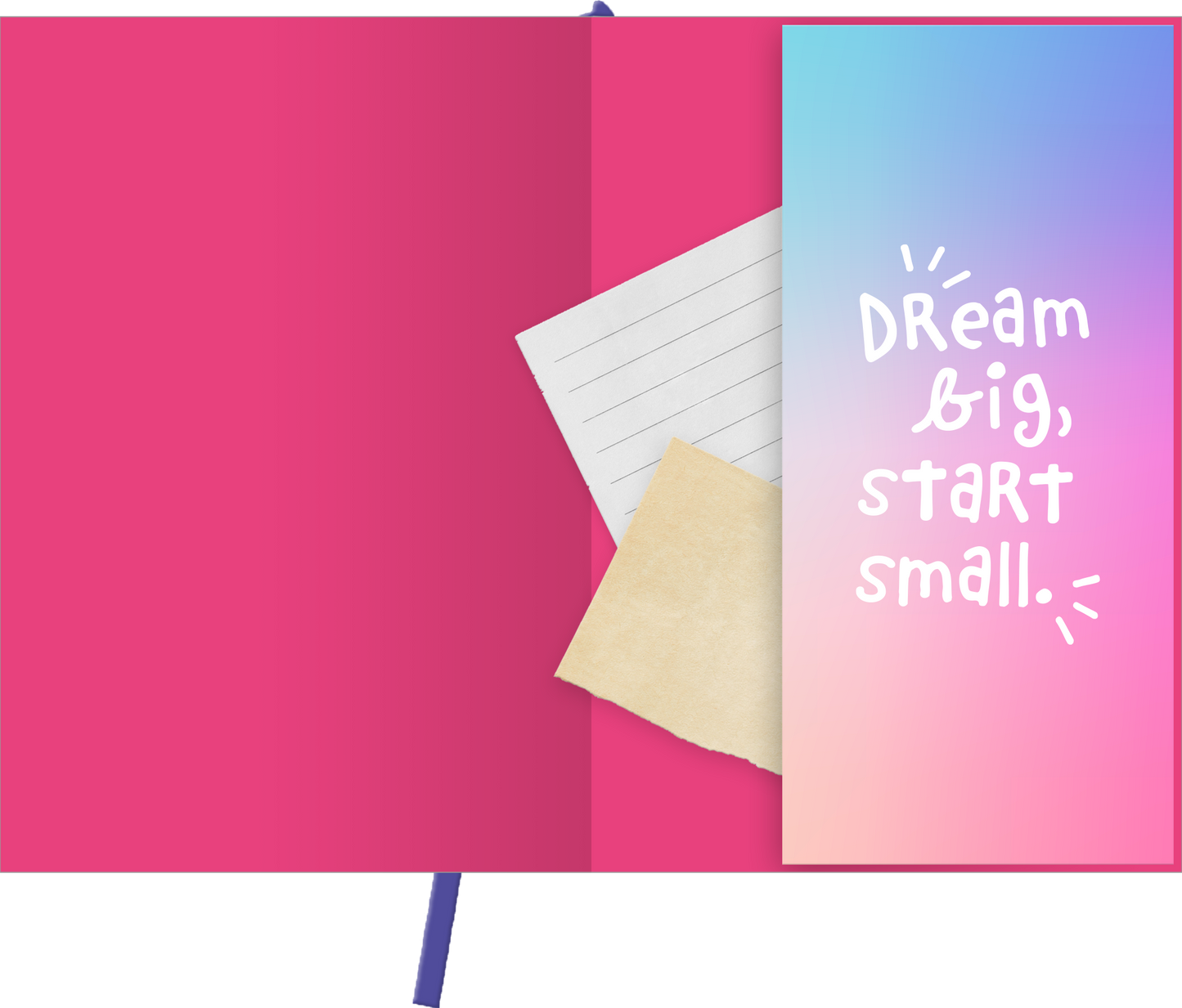Gezeigt wird eine Innen- oder Zusatzansicht von „myNOTES Papeterie: Notizbuch A5 Mutige Pläne“. Die Innenseite ist in einem kräftigen Pink gehalten und zeigt auf der rechten Seite ein farbverlaufendes Blatt in sanften Pastelltönen. Darauf steht in verspielter Typografie „Dream big, start small.“. Links sind ein paar liniierte Blätter und ein beigefarbener Notizzettel platziert, die eine praktische Ergänzung bieten.