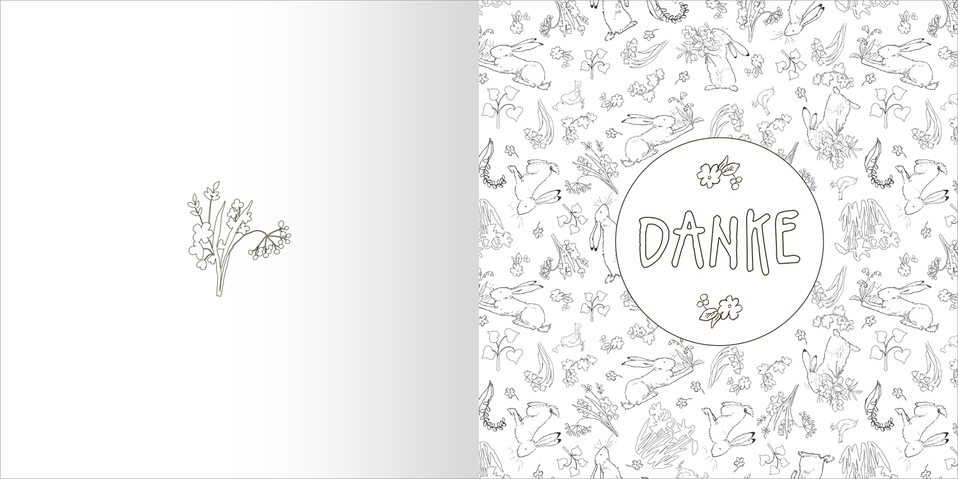 Gezeigt wird eine Innen- oder Zusatzansicht von „Weißt du eigentlich, wie gerne ich mit dir ausmale?“. Die linke Seite ist minimalistisch gestaltet mit einer zarten Zeichnung von Blüten und einer sanften Farbverlauf-Textur. Die rechte Seite zeigt ein lebhaftes, wiederholendes Muster mit niedlichen Tieren und Pflanzen in Schwarz-Weiß, umrahmt von einem großen, runden Element mit dem Wort „DANKE“ in verspielter, handschriftlicher Typografie.
