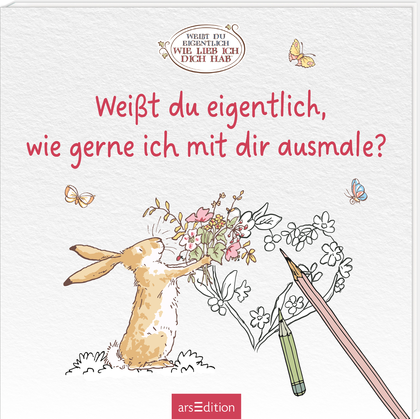 Auf dem Buchcover ist ein liebenswerter Hase zu sehen, der mit einer bunten Blume spielt. Die Illustration ist in sanften Pastellfarben gehalten, die eine fröhliche und einladende Atmosphäre schaffen. Der Titel des Buches, „Weißt du eigentlich, wie gerne ich mit dir ausmale?“, ist in großer, verspielter, roter Schrift platziert. Ganz oben befindet sich ein ovales Emblem mit dem gleichen Schriftzug in kleinerem Format. Ganz unten mittig steht der Logoschriftzug von arsEdition.