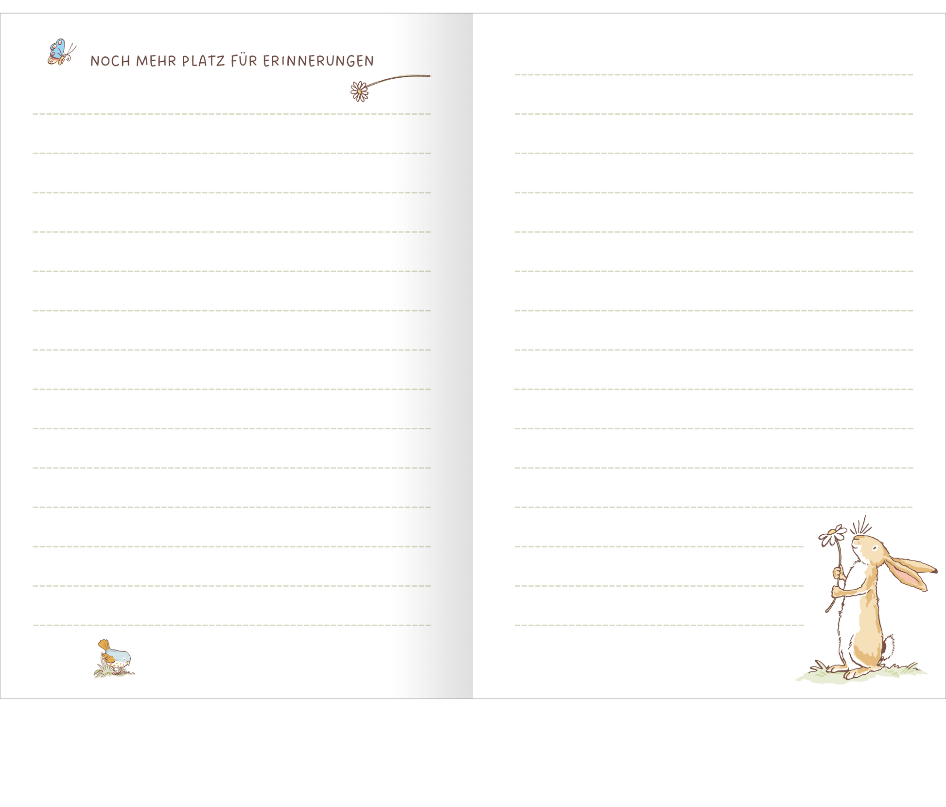 Gezeigt wird eine Innen- oder Zusatzansicht von „Weißt du eigentlich, wie lieb ich dich hab? Unsere schönsten Momente“. Die Doppelseite präsentiert ein sanftes, helles Layout mit weißen Seiten, auf denen feine, goldene Linien als Schreiblinien dienen. Oben links steht der Schriftzug „Noch mehr Platz für Erinnerungen“ in einer verspielten, handschriftlichen Schriftart. Unten rechts ist eine zarte Illustration eines niedlichen Hasen, der eine Blume hält, und ein klein...