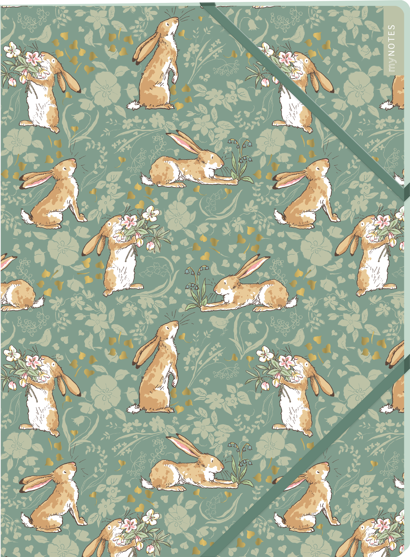 Das Buchcover zeigt ein sanftes, mintgrünes Muster, das mit verschiedenen Illustrationen von Hasen verziert ist. Die Hasen sind in verschiedenen Posen abgebildet, einige halten Blumen oder genießen die Landschaft. Die Farbpalette umfasst helle, pastellige Töne in Braun, Rosa und Weiß sowie goldene Akzente. In der oberen rechten Ecke steht der Schriftzug „NOTES“. Ganz unten mittig steht der Logoschriftzug von arsEdition.