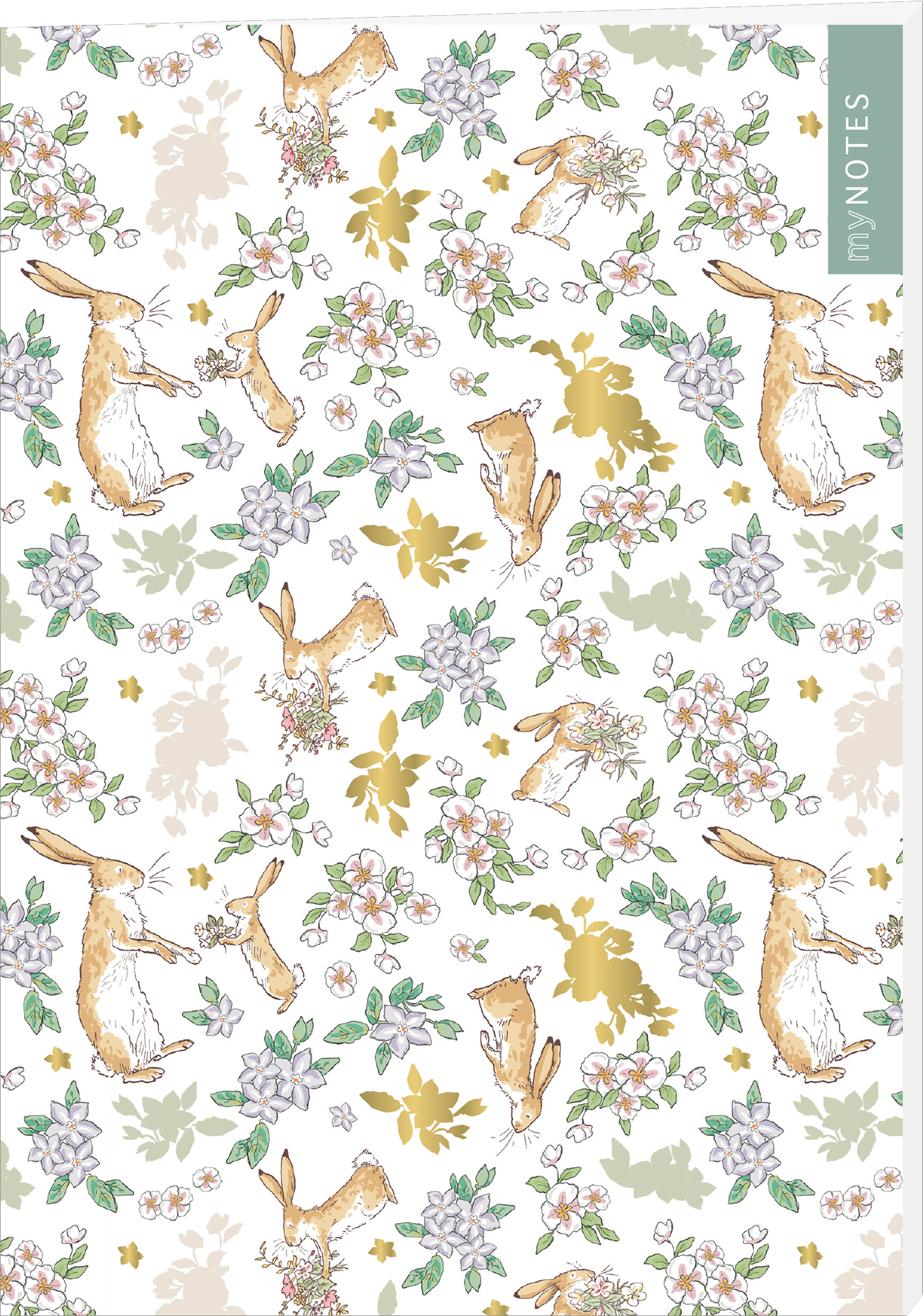 Das Buchcover zeigt eine zarte, fröhliche Musterung mit niedlichen Hasen, die in verschiedenen Positionen dargestellt sind. Die Hasen sind in sanften Orange- und Brauntönen gehalten, umgeben von floralen Elementen in Pastellfarben sowie goldenen Akzenten. Rechts oben ist der Titel „my NOTES“ in einer modernen, eleganten Schriftart platziert. Ganz unten mittig steht der Logoschriftzug von arsEdition.