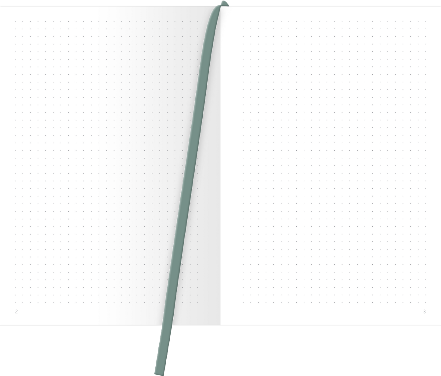 Gezeigt wird eine Innen- oder Zusatzansicht von „myNOTES Papeterie: Weißt du eigentlich, wie lieb ich dich hab? Notizbuch A5“. Die offene Doppelseite zeigt ein minimalistisches Design mit feinen, hellen Punkten, die auf einem weißen Hintergrund angeordnet sind. Der Einband ist in einem sanften grünen Farbton gehalten und wird von einem gleichfarbigen Lesezeichen begleitet. Die klare Typografie und die großzügige Seitenaufteilung ermöglichen ein einfaches Schreiben und Notieren.