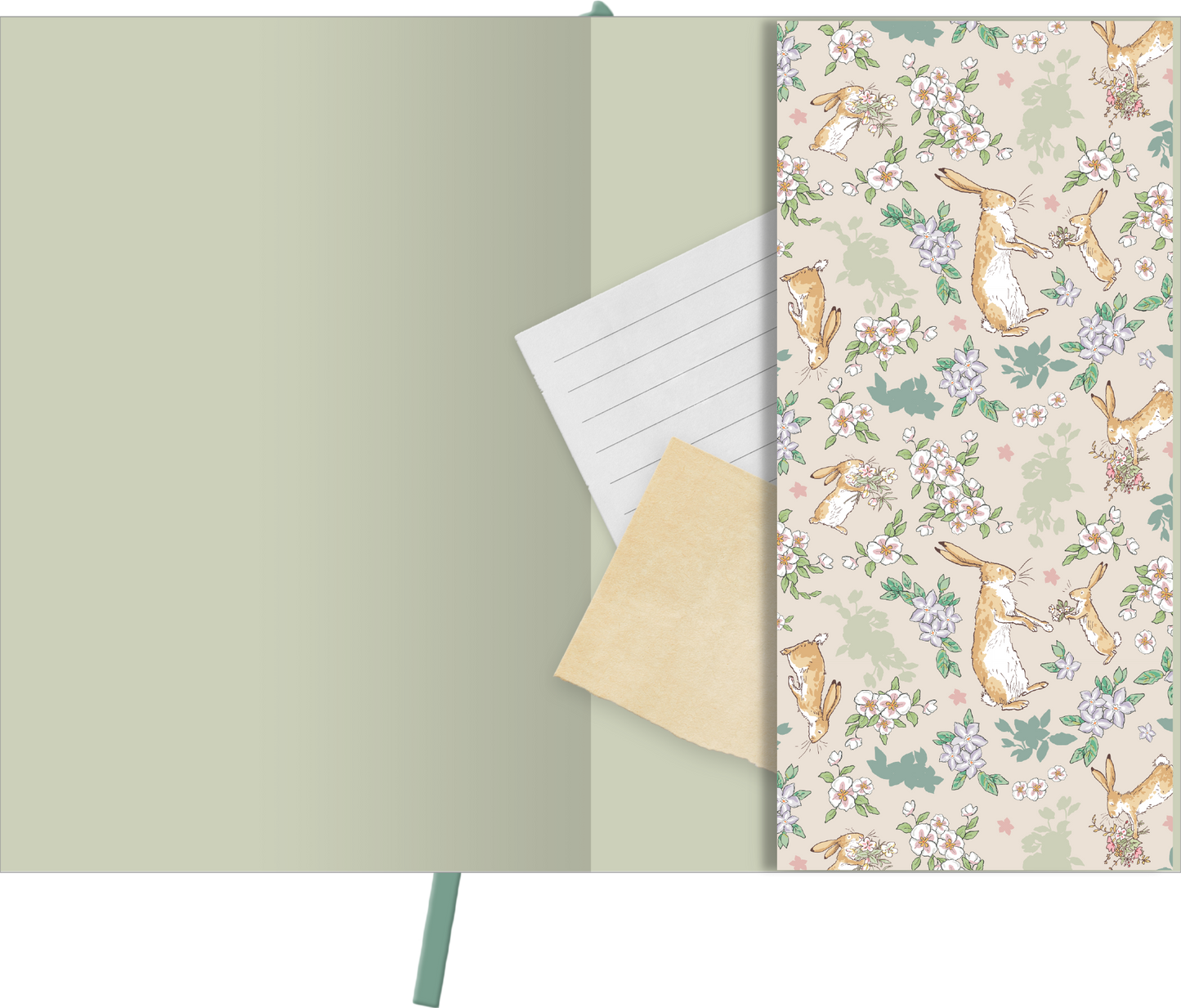 Gezeigt wird eine Innen- oder Zusatzansicht von „myNOTES Papeterie: Weißt du eigentlich, wie lieb ich dich hab? Notizbuch A5“. Die Innenseiten sind in sanften Grüntönen gehalten, ergänzt durch ein zartes, florales Muster mit niedlichen Hasen. Auf der linken Seite befindet sich ein liniertes Notizblatt und ein kleines, beiges Papierstück. Die Typografie ist freundlich und gut lesbar, was eine einladende und kreative Atmosphäre schafft.