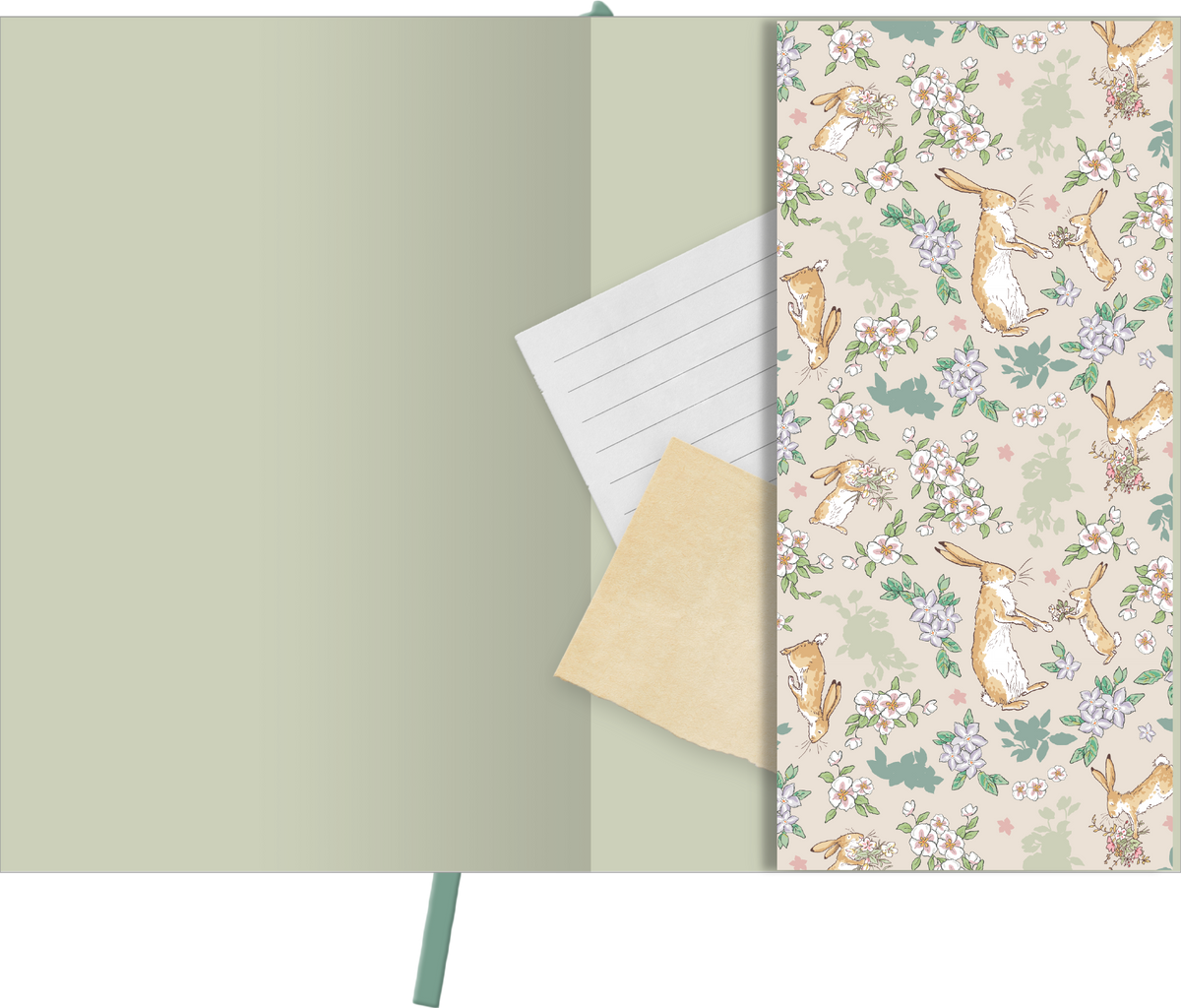 Gezeigt wird eine Innen- oder Zusatzansicht von „myNOTES Papeterie: Weißt du eigentlich, wie lieb ich dich hab? Notizbuch A5“. Die Innenseiten sind in sanften Grüntönen gehalten, ergänzt durch ein zartes, florales Muster mit niedlichen Hasen. Auf der linken Seite befindet sich ein liniertes Notizblatt und ein kleines, beiges Papierstück. Die Typografie ist freundlich und gut lesbar, was eine einladende und kreative Atmosphäre schafft.