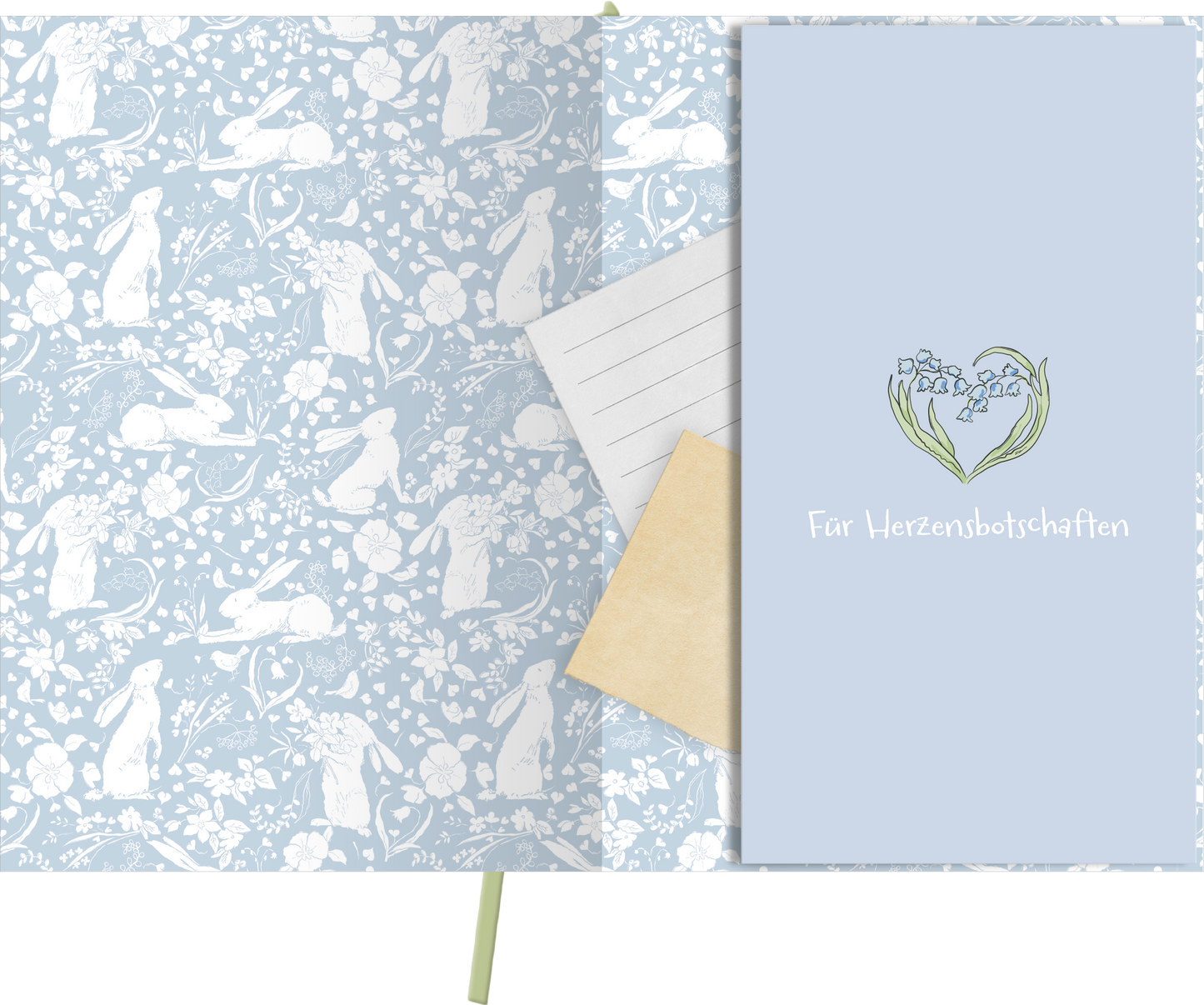 Gezeigt wird eine Innen- oder Zusatzansicht von „myNOTES Papeterie: Weißt du eigentlich, wie lieb ich dich hab? Notizbuch A4“. Die Innenseite präsentiert ein zartes, hellblaues Muster mit weißen Motiven von Hasen und floralen Elementen. Links befindet sich ein beige-unterlegtes Blatt mit Linien, während rechts ein Karton für „Herzensbotschaften“ mit einer einfachen, verspielten Schriftart dargestellt ist. Die sanften Farben und die verspielte Typografie verleihen dem Produkt einen...