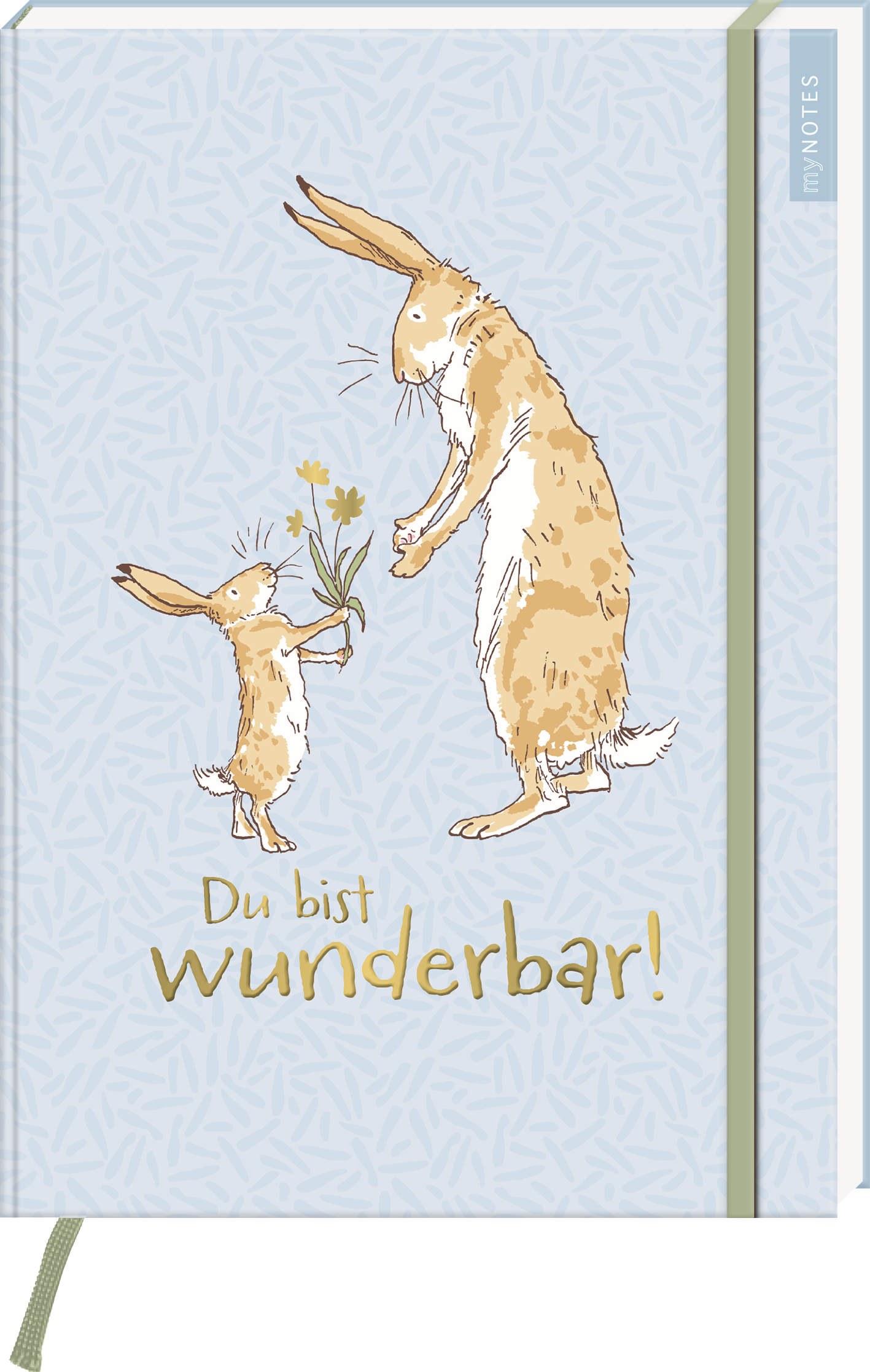 Das Buchcover zeigt zwei schelmisch schauende Hasen auf einem sanften blauen Hintergrund mit einem feinen, hellen Muster. Der größere Hase steht aufrecht und hält einen Blumenstrauß, während der kleinere Hase ihm bewundernd zusieht. In verspielter Schrift steht der Titel „Du bist wunderbar!“ in goldener Farbe, die das Cover freundlich und einladend erscheinen lässt. Ganz unten mittig steht der Logoschriftzug von arsEdition.