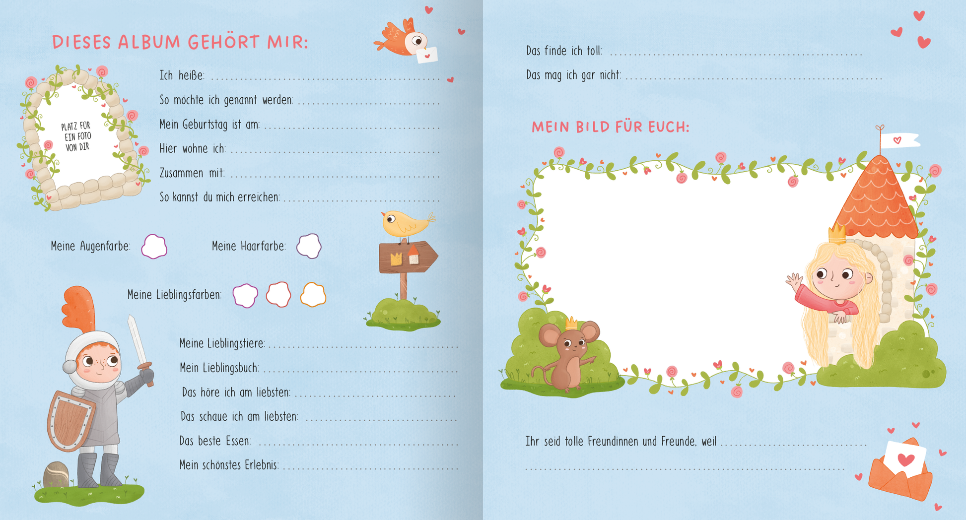 Gezeigt wird eine Innen- oder Zusatzansicht von „Meine Kindergartenfreunde – Einhorn und Prinzessin“. Die Seiten sind in sanften Blau- und Rosatönen gehalten und mit bunten, kindgerechten Illustrationen gestaltet. Links befindet sich ein Bereich mit Fragen zu persönlichen Vorlieben, umgeben von einer verspielten Blumenranke. Rechts ist ein leerer Bereich für eigene Zeichnungen, eingerahmt von fröhlichen Motiven wie einem kleinen Tier und einem Häuschen. Die Schrift ist klar und gut...