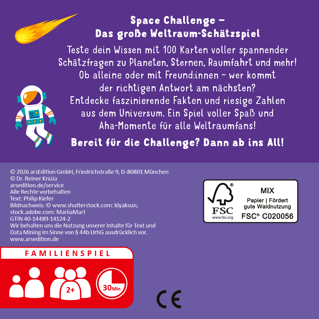 Gezeigt wird eine Innen- oder Zusatzansicht von „Science & Kids – Space Challenge“. Die Rückseite des Spiels zeigt einen bunten, lila Hintergrund mit einem astronautischen Motiv. Zentral befindet sich der Titel in einer gut lesbaren, kindgerechten Schrift. Unterhalb des Titels wird der Inhalt des Spiels beschrieben, umgeben von auffälligen, bunten Grafiken. Zusätzliche Informationen sind in kleinerer, klarer Typografie angeordnet, während Symbole für Spieldauer und Spieleranzahl...