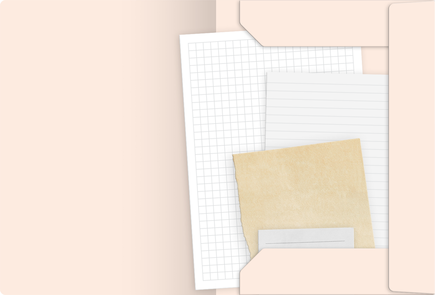 Gezeigt wird eine Innen- oder Zusatzansicht von „myNOTES Papeterie: Sammelmappe Simply, Katy – The Lanes“. Die Ansicht zeigt eine geöffnete Sammelmappe in sanften, neutralen Farbtönen. Darin befinden sich mehrere Blätter: ein kariertes Blatt und ein liniertes Blatt in Weiß sowie ein beige gefärbtes Blatt, das leicht strukturiert ist. Der Hintergrund der Mappe ist dezent, um eine angenehme Schreib- und Organisationsumgebung zu schaffen. Die typografischen Elemente sind klar und...