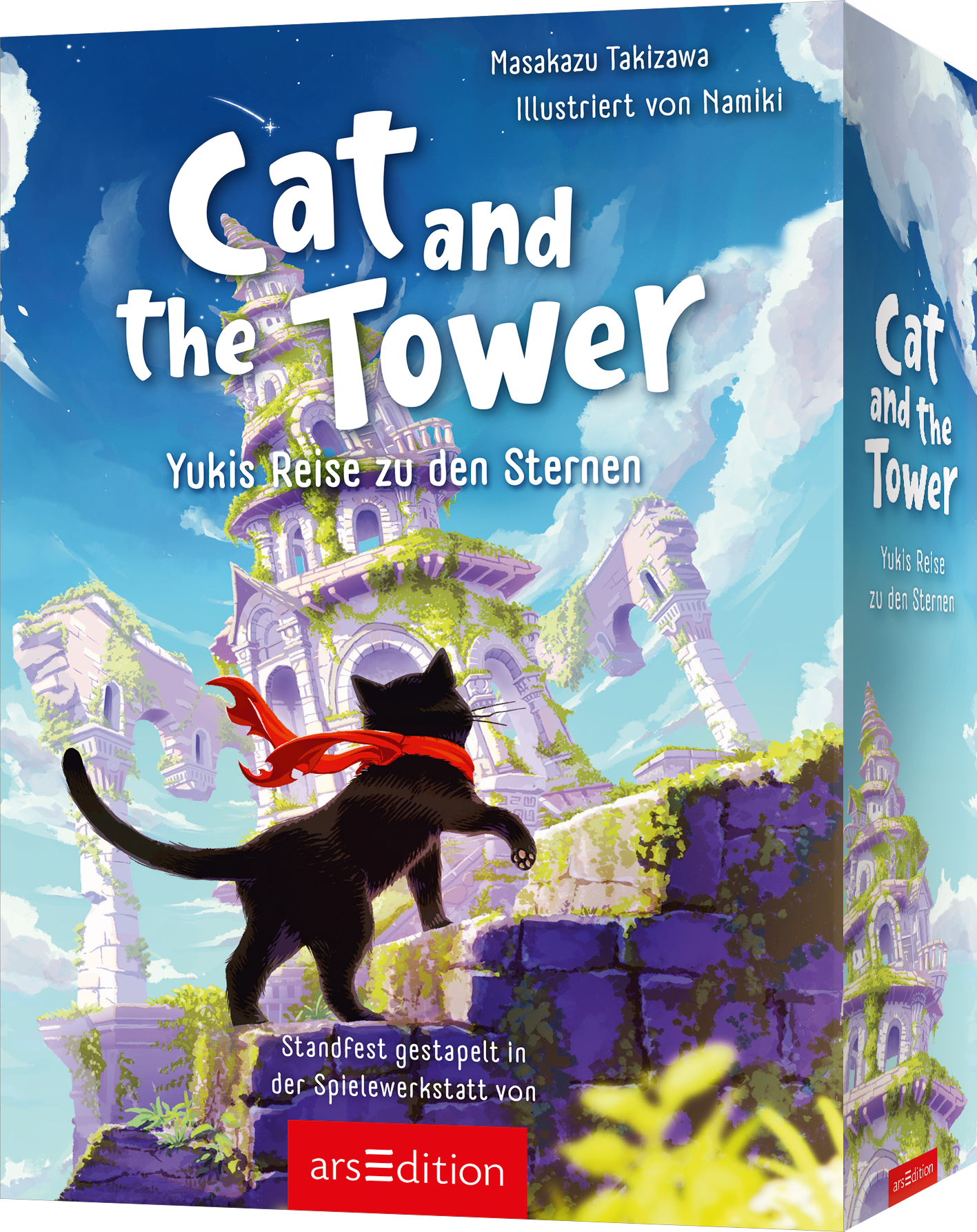 Cover zeigt einen schwarzen Kater mit rotem Schal, der auf einer moosbewachsenen Steinmauer vor einem hohen, märchenhaften Turm steht. Heller Himmel in Blau und Pastelltönen, violette und grüne Akzente. Titel Cat and the Tower in großen verspielten weißen Buchstaben oben, Untertitel Yukis Reise zu den Sternen in kleinerer weißer Schrift. Oben rechts stehen Masakazu Takizawa und Illustriert von Namiki. Stimmung abenteuerlich und verträumt. Ganz unten mittig steht der Logoschriftzug von...