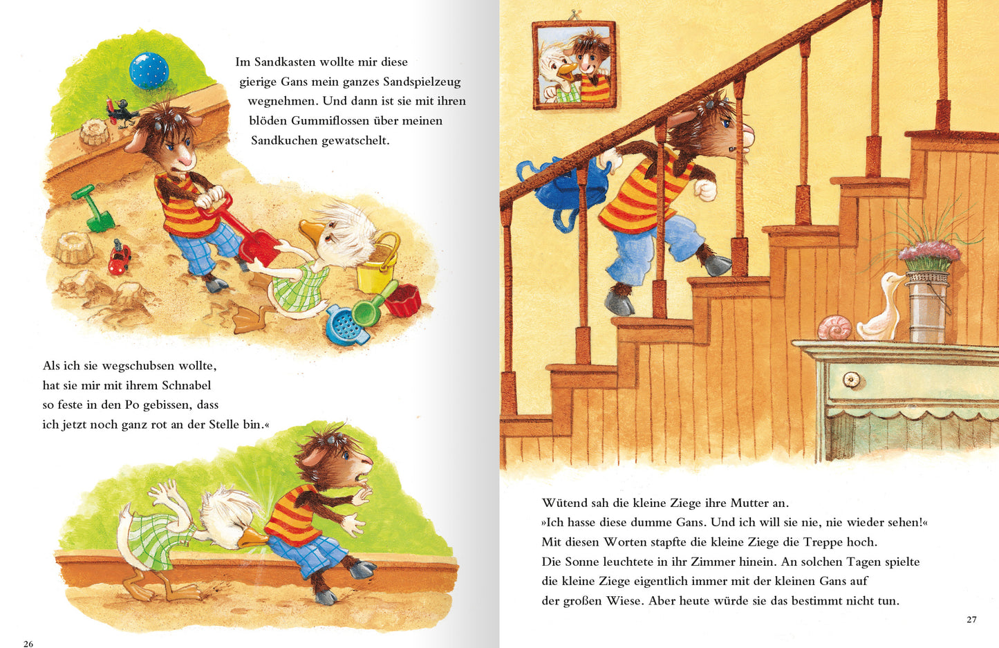 Gezeigt wird eine Innen- oder Zusatzansicht von „Blöde Ziege – Dumme Gans“. Die Illustration zeigt eine detailreiche Szene im Kinderzimmer. Links ist ein Junge in einem gestreiften Shirt zu sehen, der mit buntem Spielzeug spielt, während eine blonde Gans über die Treppe läuft. Die Farben sind lebhaft und freundlich, mit warmen Erdtönen und hellen Akzenten. Die typografische Gestaltung ist kindgerecht und einladend, unterstützt von handschriftlichem Stil.