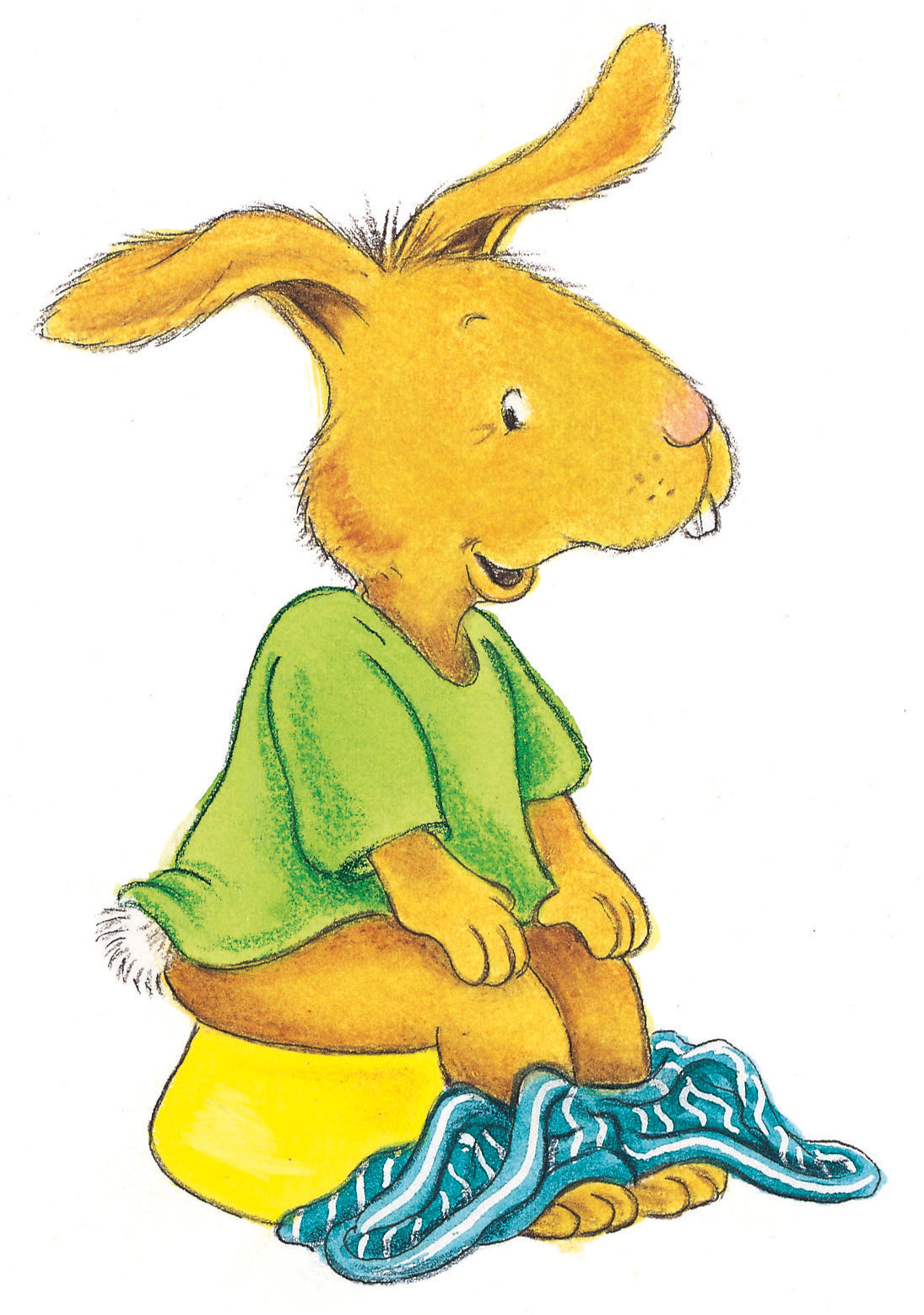 Gezeigt wird eine Innen- oder Zusatzansicht von „Moritz Moppelpo braucht keine Windel mehr“. Die Illustration zeigt einen fröhlichen, orangefarbenen Hasen, der auf einem gelben Töpfchen sitzt. Er trägt ein grünes T-Shirt und hat ein breites Lächeln auf seinem Gesicht. Um ihn drapiert liegt eine blaue Stoffwindel. Der Hintergrund ist weiß, was die lebhaften Farben des Charakters betont, und die Typografie ist verspielt und kindgerecht.