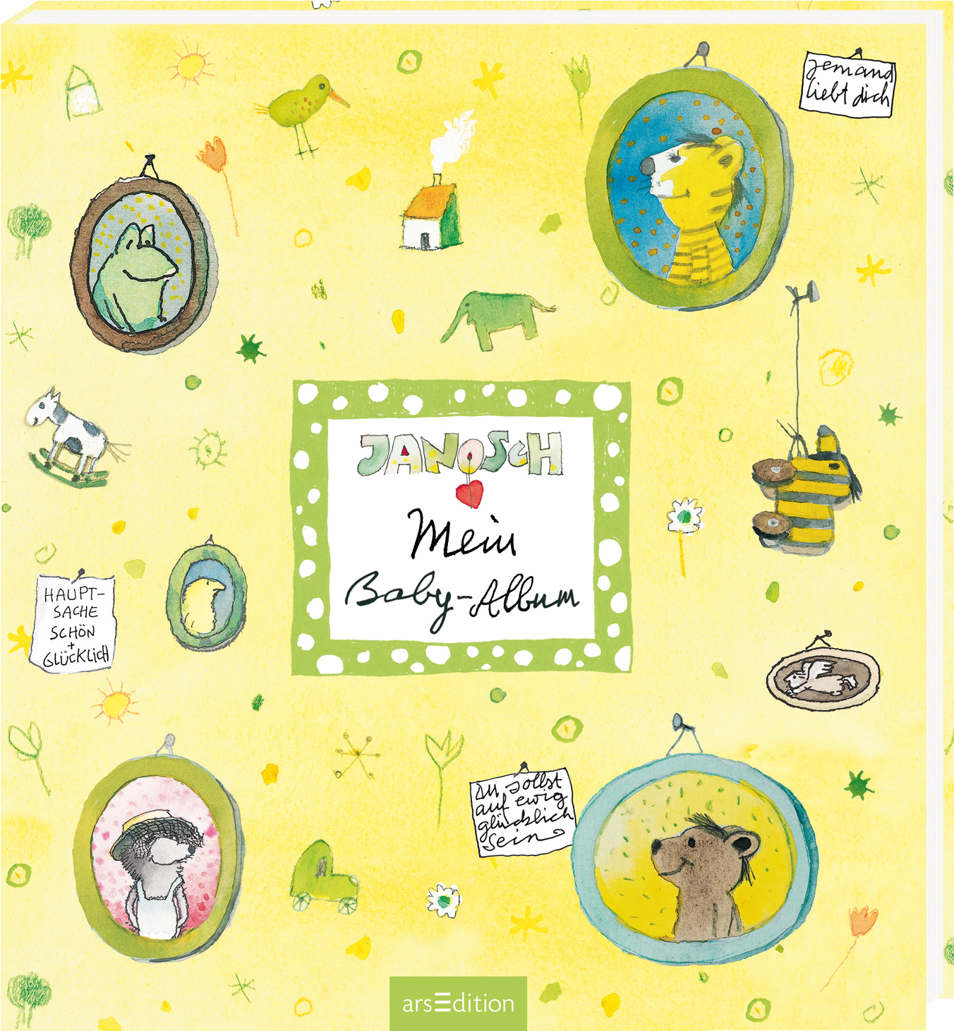 Das Buchcover zeigt einen fröhlichen, gelben Hintergrund mit verschiedenen Zeichnungen von Tieren in ovalen Bilderrahmen. In der Mitte steht der Titel „Mein Baby-Album“ in einer verspielten Schriftart, umrahmt von einem grünen Rand mit weißen Punkten. Der Autor „JANOSCH“ ist am oberen Rand des Covers platziert. Kleinere Texte auf dem Cover tragen Botschaften wie „Hauptsache, schön glücklich“ und „unser das und etz gleich zusammen sein“. Ganz unten mittig steht der...
