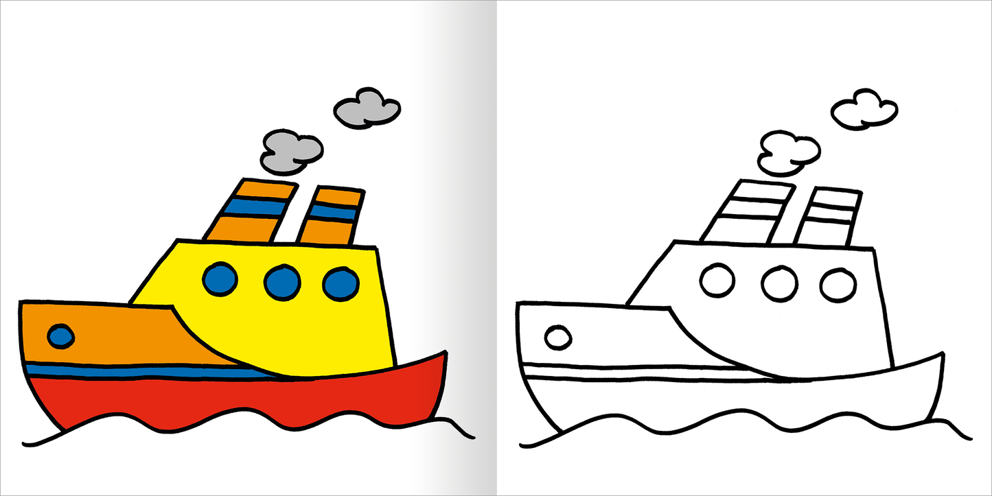 Gezeigt wird eine Innen- oder Zusatzansicht von „Mein erstes dickes Malbuch ab 2“. Auf der linken Seite ist ein buntes Schiff in Gelb, Orange und Rot abgebildet, mit blauen Fenstern und bunten Schornsteinen. Die rechte Seite zeigt die Schwarz-Weiß-Umrisszeichnung des Schiffes, die zum Ausmalen einlädt. Beide Seiten sind von einfachen Wellenlinien umgeben, die das maritime Thema verdeutlichen. Die klaren Linien und lebendigen Farben fördern die Kreativität von kleinen Künstlern.