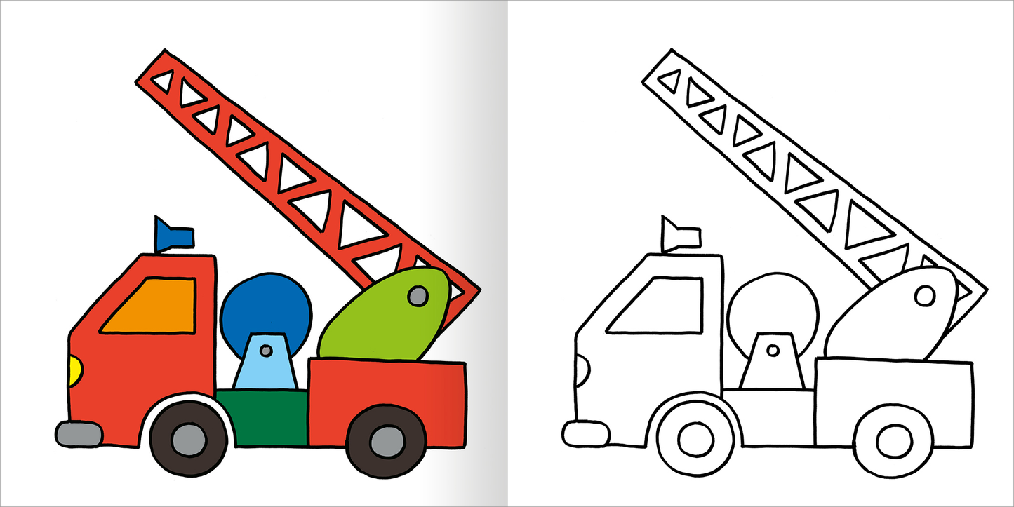 Gezeigt wird eine Innen- oder Zusatzansicht von „Mein erstes dickes Malbuch ab 2“. Auf der linken Seite ist ein buntes Zeichnung eines Feuerwehrautos in leuchtenden Farben wie Rot, Blau, Grün und Gelb zu sehen. Es hat eine hervorstechende, bewegliche Leiter. Die rechte Seite zeigt die gleiche Ausmalvorlage in Schwarz-Weiß, die zum Ausmalen einlädt. Die einfache, klare Linienführung ist kinderfreundlich gestaltet.